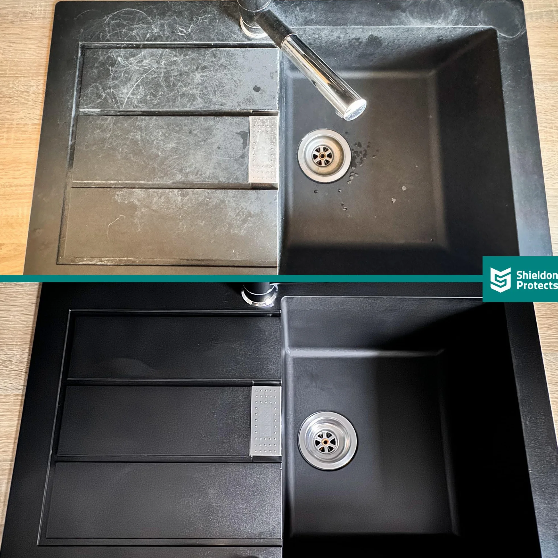 Shieldon Protects SUPER – Silny odkamieniacz do zlewozmywaków granitowych i kompozytowych (np. Silgranit, Fragranit), czajnika, armatury, prysznica, WC – usuwa kamień bez szorowania – 500 ml