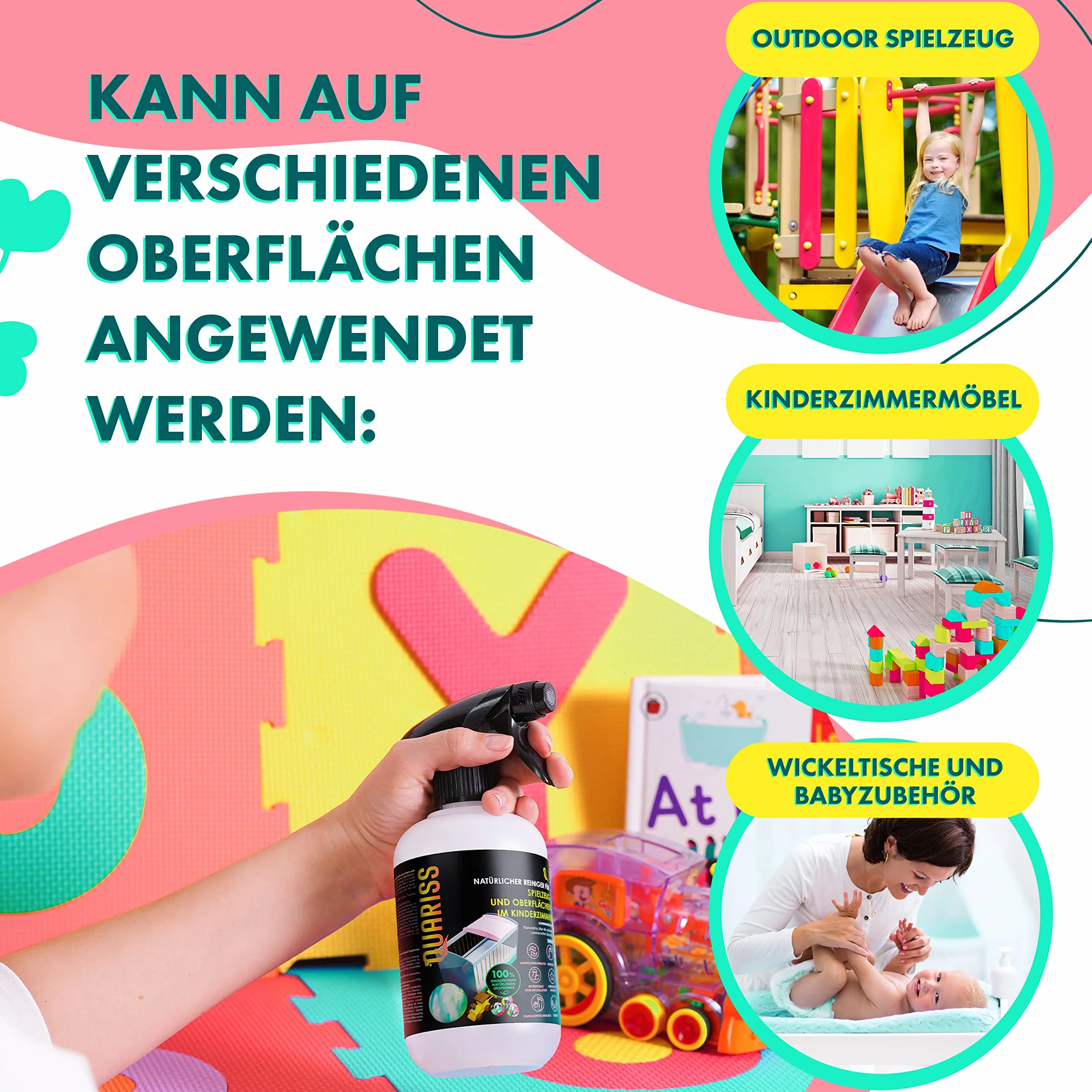 Naturalny środek czyszczący do zabawek i powierzchni w pokoju dziecięcym - spray higieniczny dla małych dzieci i niemowląt, mata, krzesło, stół, wegański, bez alergenów 500 ml