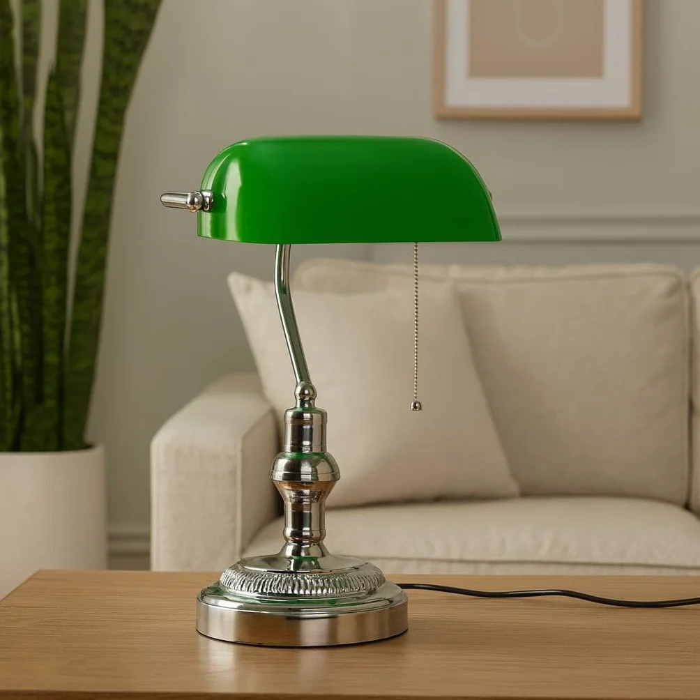 BARCELONA LED Vintage Lampka Stołowa Bankierska z Chromowaną Metalową Podstawą i Zielonym Szklanym Kloszem – Regulowana Retro Lampka Biurkowa E27 do Biura, Salonu, Sypialni i Restauracji