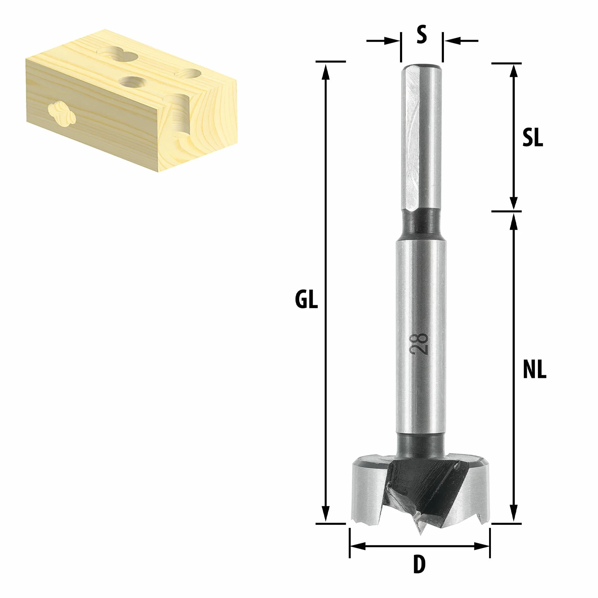 ENT 40028 Koncówka Forstner "Wave Cutter" Srednica (D) 28 mm, NL 60 mm, GL 90 mm, S 8 mm, SL 30 mm