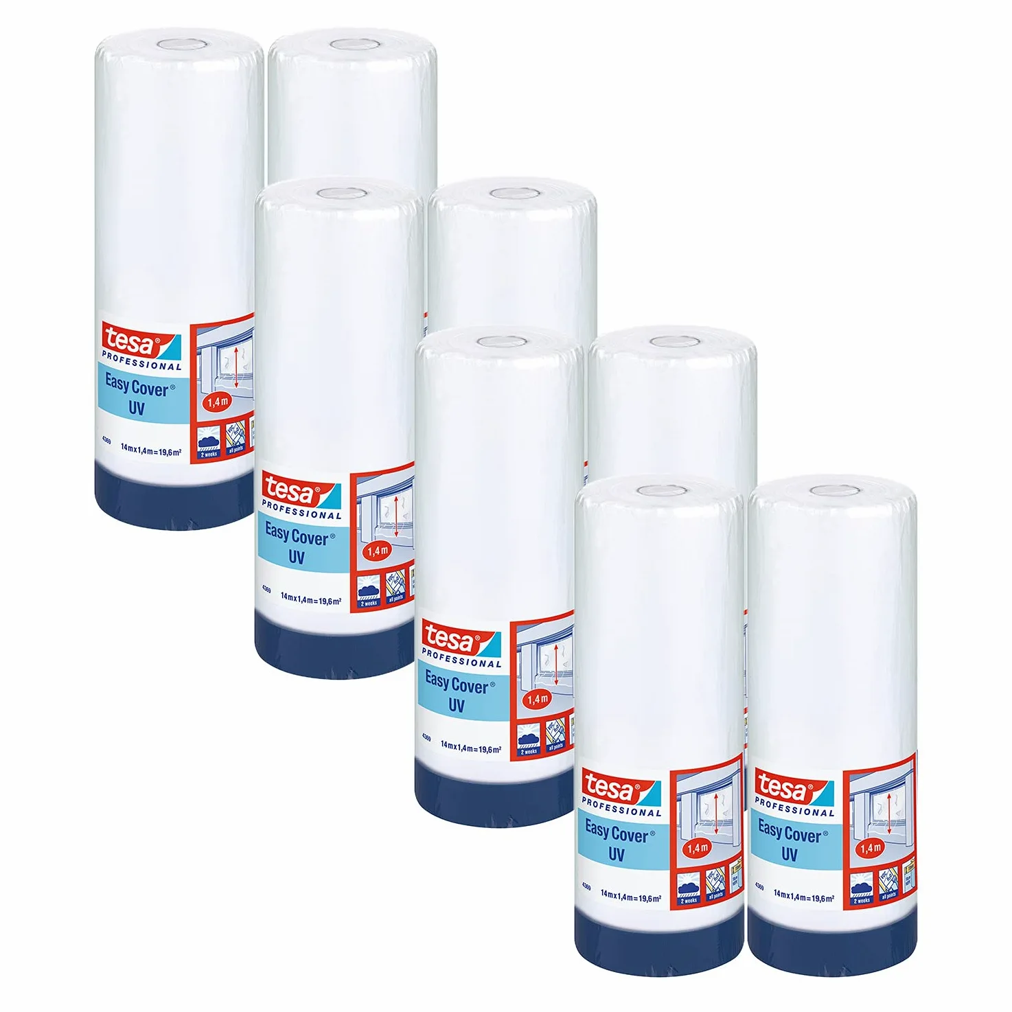 tesa Easy Cover 4369 UV - 8 sztuk - folia malarska z taśmą z tkaniny do oklejania i przykrywania na zewnątrz – taśma maskująca 2 w 1 z folią – niebieska, matowa – każda 14 m x 1,4 m