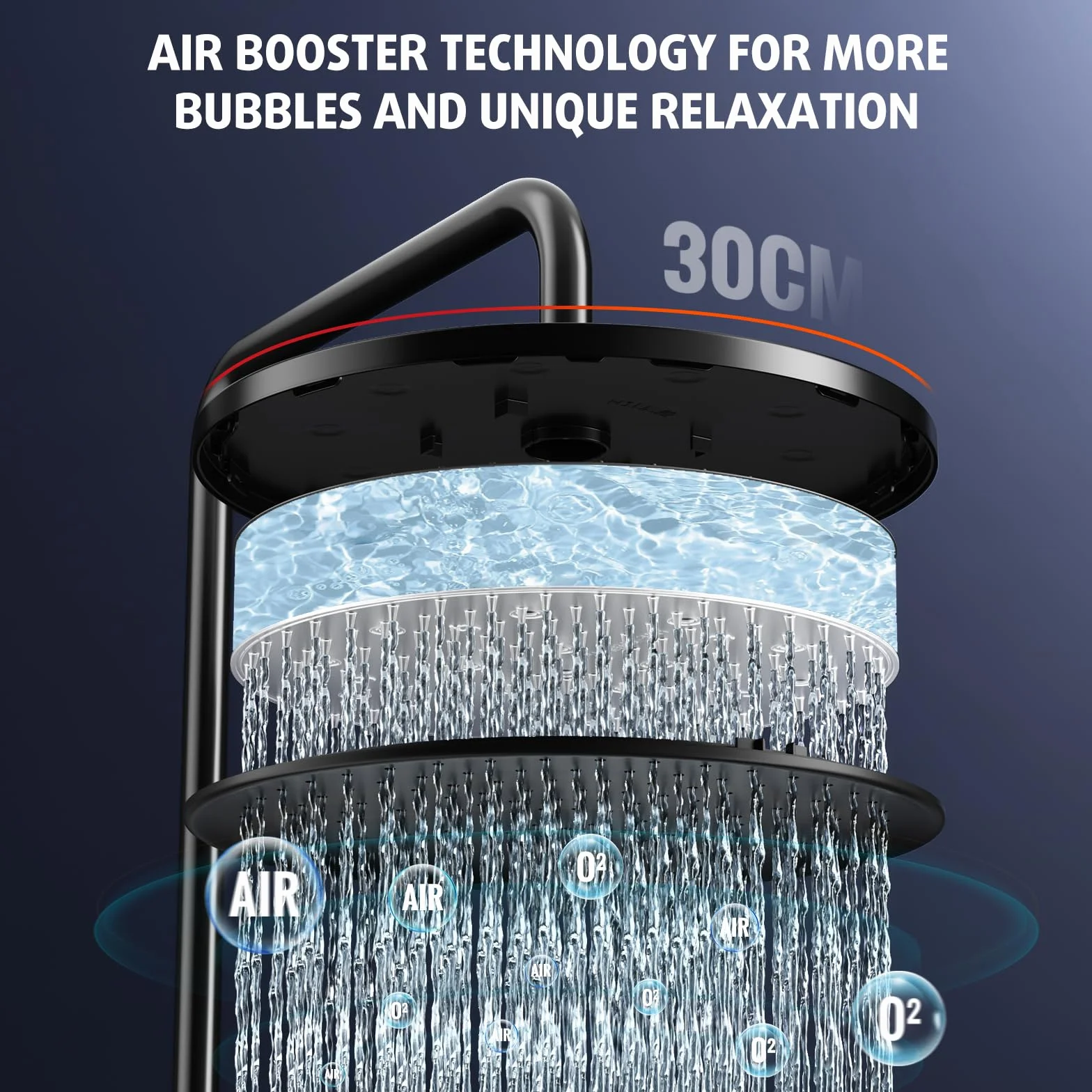 Rainsworth System prysznicowy z termostatem, Ø 30 cm, okrągły, deszczownica, zestaw prysznicowy oszczędzający wodę, 5 rodzajów strumienia, 92-126 cm, drążek prysznicowy Rainforest, kompletny zestaw do
