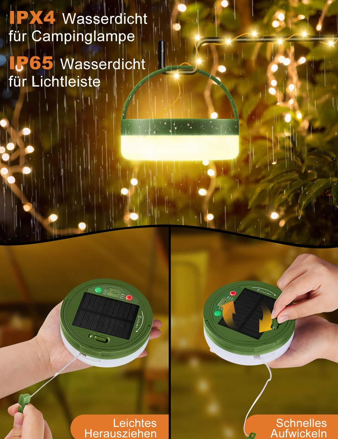 Wróżki kempingowe z wysuwaną baterią słoneczną, wodoodporne, ładowane przez USB wróżki LED o pojemności 3000 mAh z 8 trybami oświetlenia, przenośna, wszechstronna lampa kempingowa 10 M
