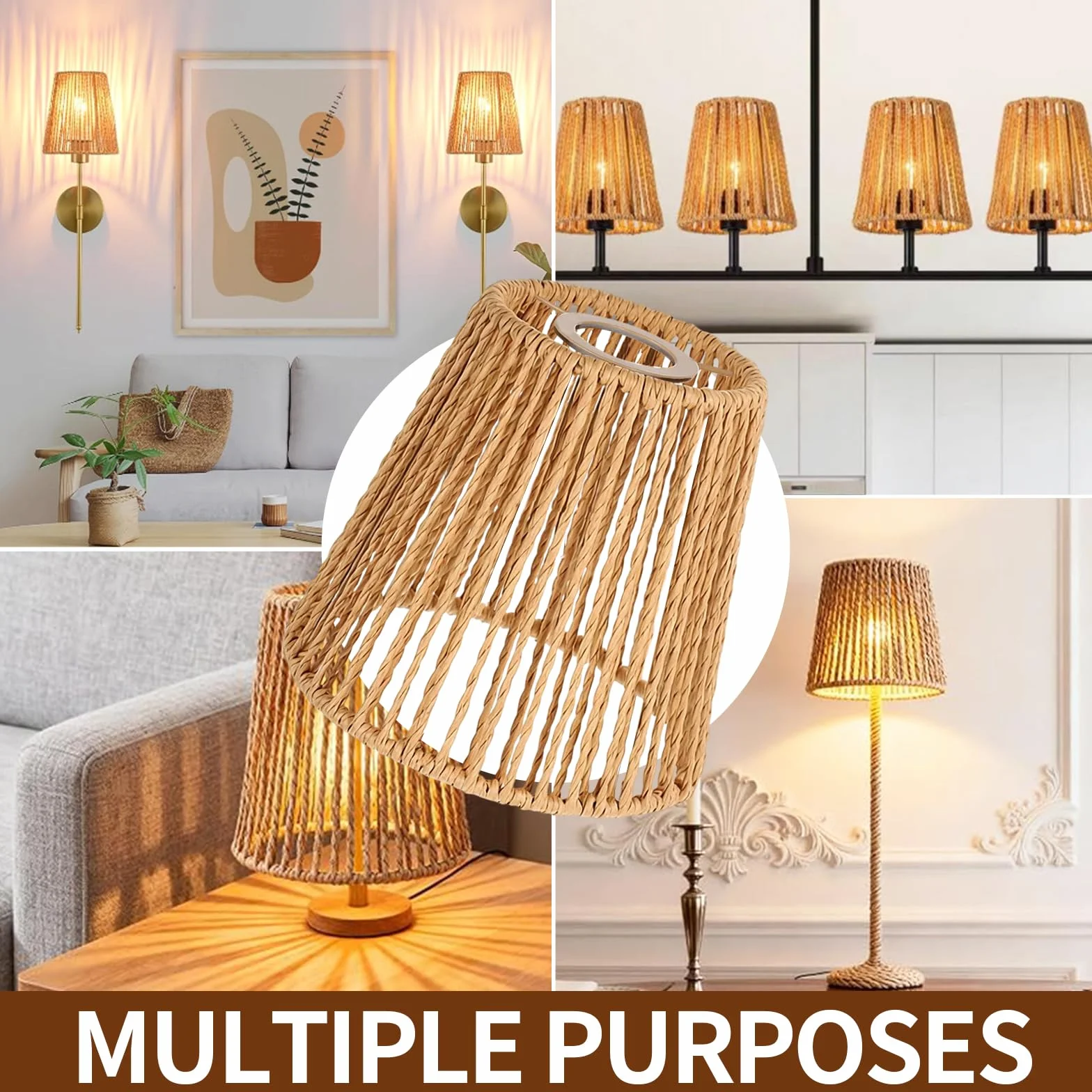 Abażur rattanowy w stylu boho, 4 sztuki, E27, abażur do lampy stołowej, lampy wiszącej, lampa stojącej, lampa sufitowa, papierowy, zapasowy klosz do lampy stojącej, 14 x 14 cm