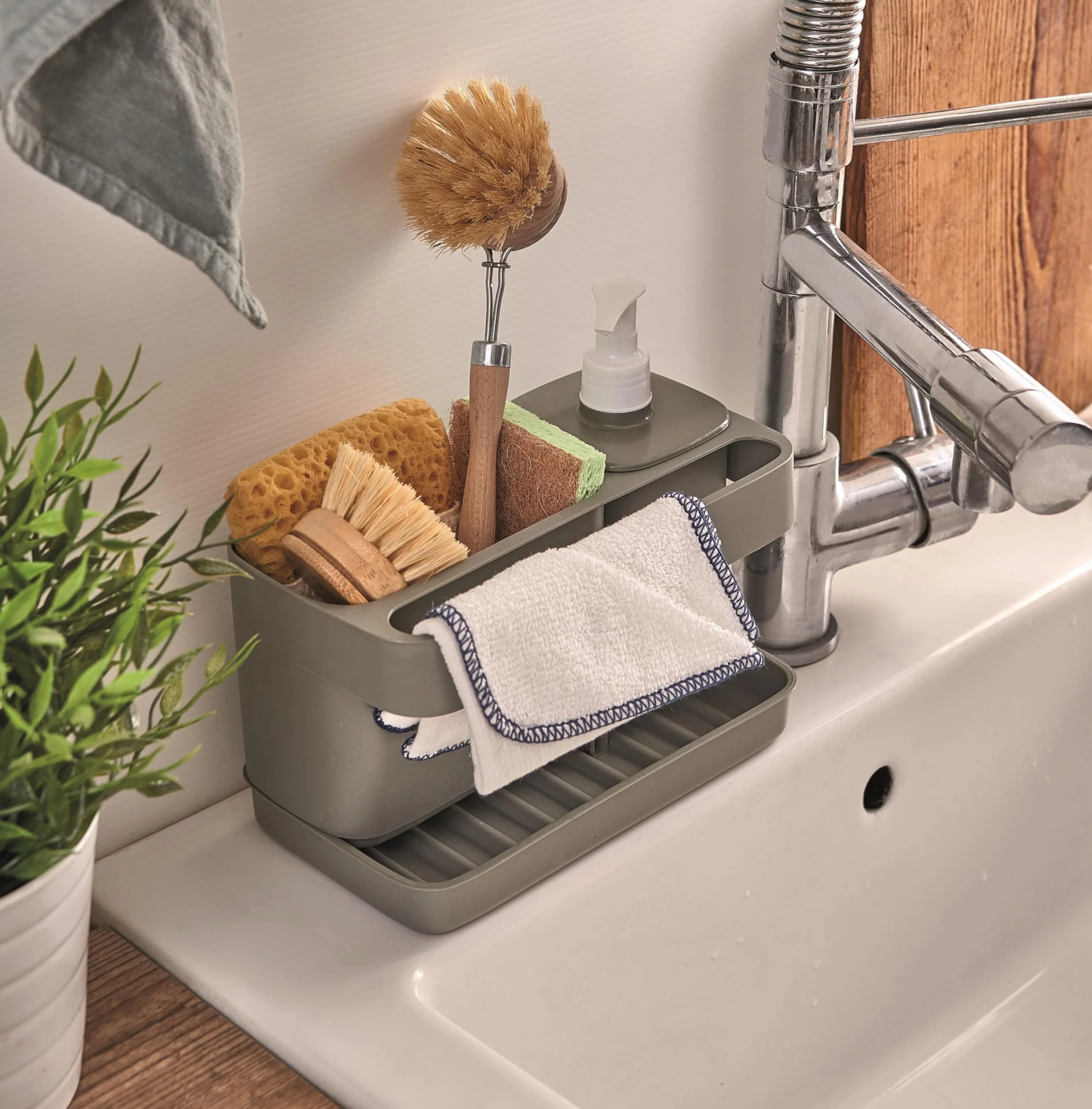 Snips Riordinello szary, uchwyt na gąbkę z dozownikiem, organizer na zlew szary, pojemnik na naczynia 12L x 18W x 21H cm, wyprodukowany we Włoszech, 0% BPA i bez ftalanów