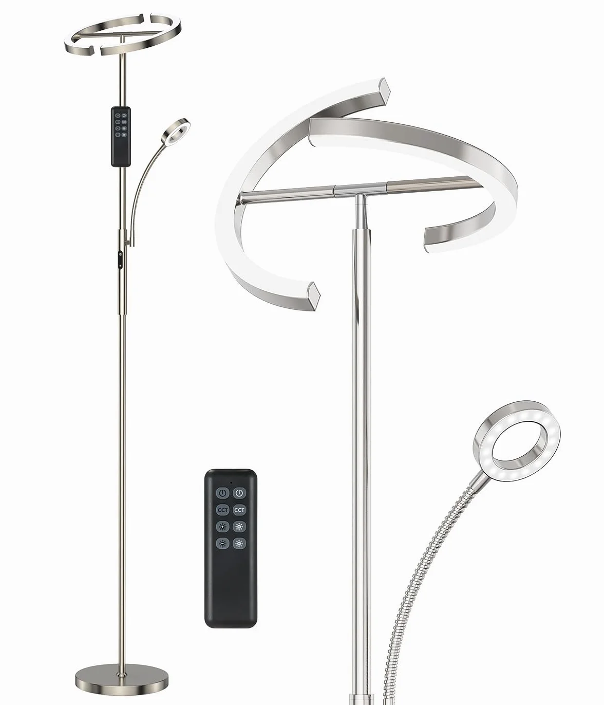 Lampa podłogowa LED z regulacją jasności, 20W. W zestawie elastyczna lampa do czytania 7W. Pilot zdalnego sterowania, 4 temperatury barwowe. Idealna do salonu, sypialni, biura i hotelu