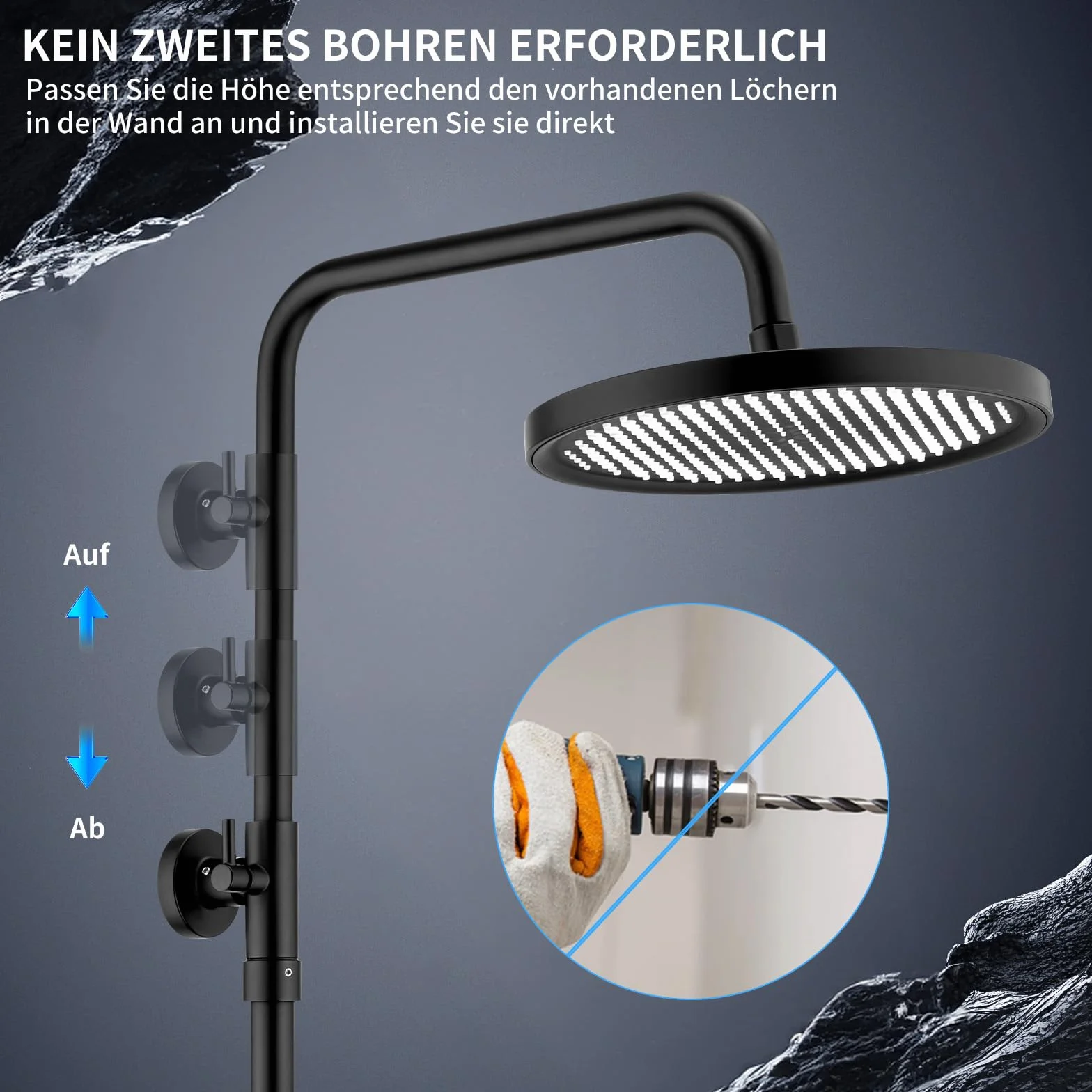 HOMELODY System prysznicowy z termostatem, czarna, kompletny zestaw z filtrem, 25 cm, deszczownica i słuchawka prysznicowa, 3 rodzaje strumienia, słuchawka prysznicowa, zestaw prysznicowy do łazienki
