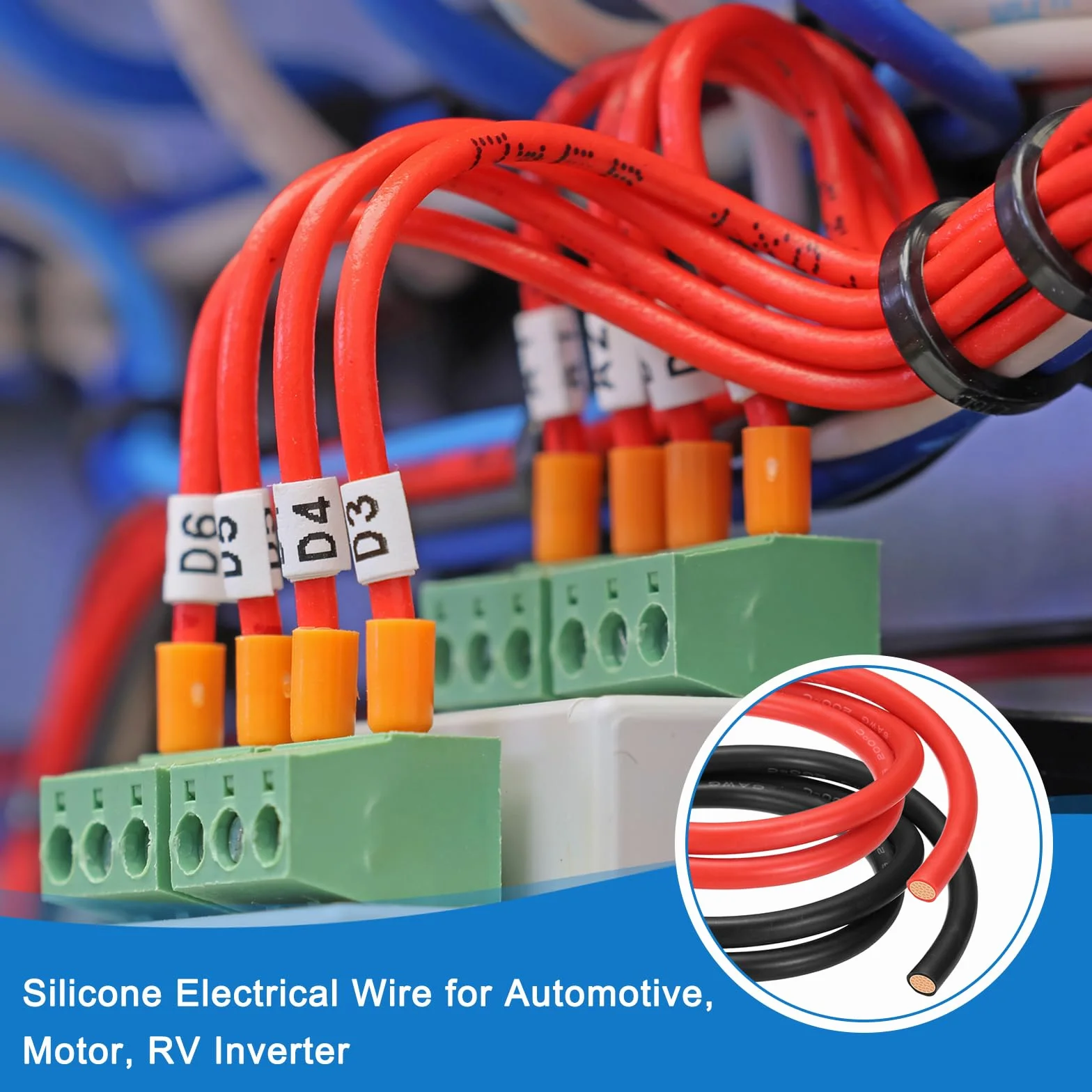 QUARKZMAN 2 sztuki 8 AWG kabel silikonowy 8 G, 1 m, kabel elektryczny, silikonowy drut elektryczny z wężem termokurczliwym i opaskami kablowymi do motoryzacyjnego falownika, czerwony, czarny, 2 szt