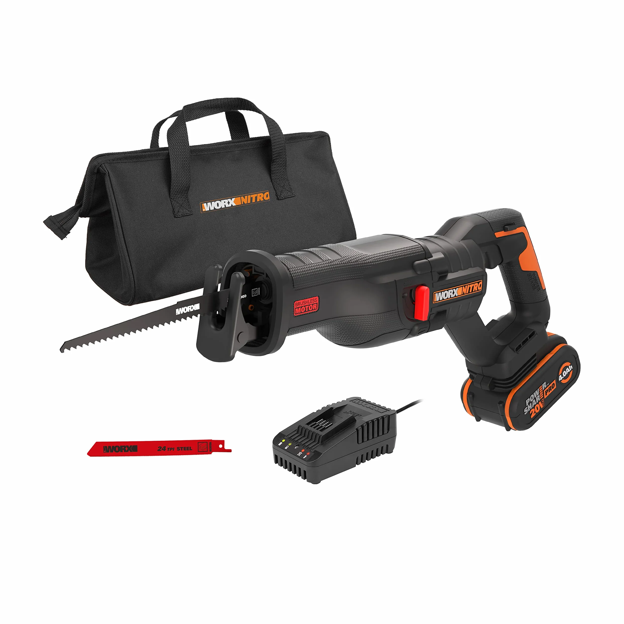WORX WX516 Nitro akumulatorowa piła szablasta 20 V – wydajny silnik bezszczotkowy – szybka wymiana brzeszczotu – zmienna prędkość cięcia – światło LED – w zestawie akumulator 4 Ah, szybka ładowarka i