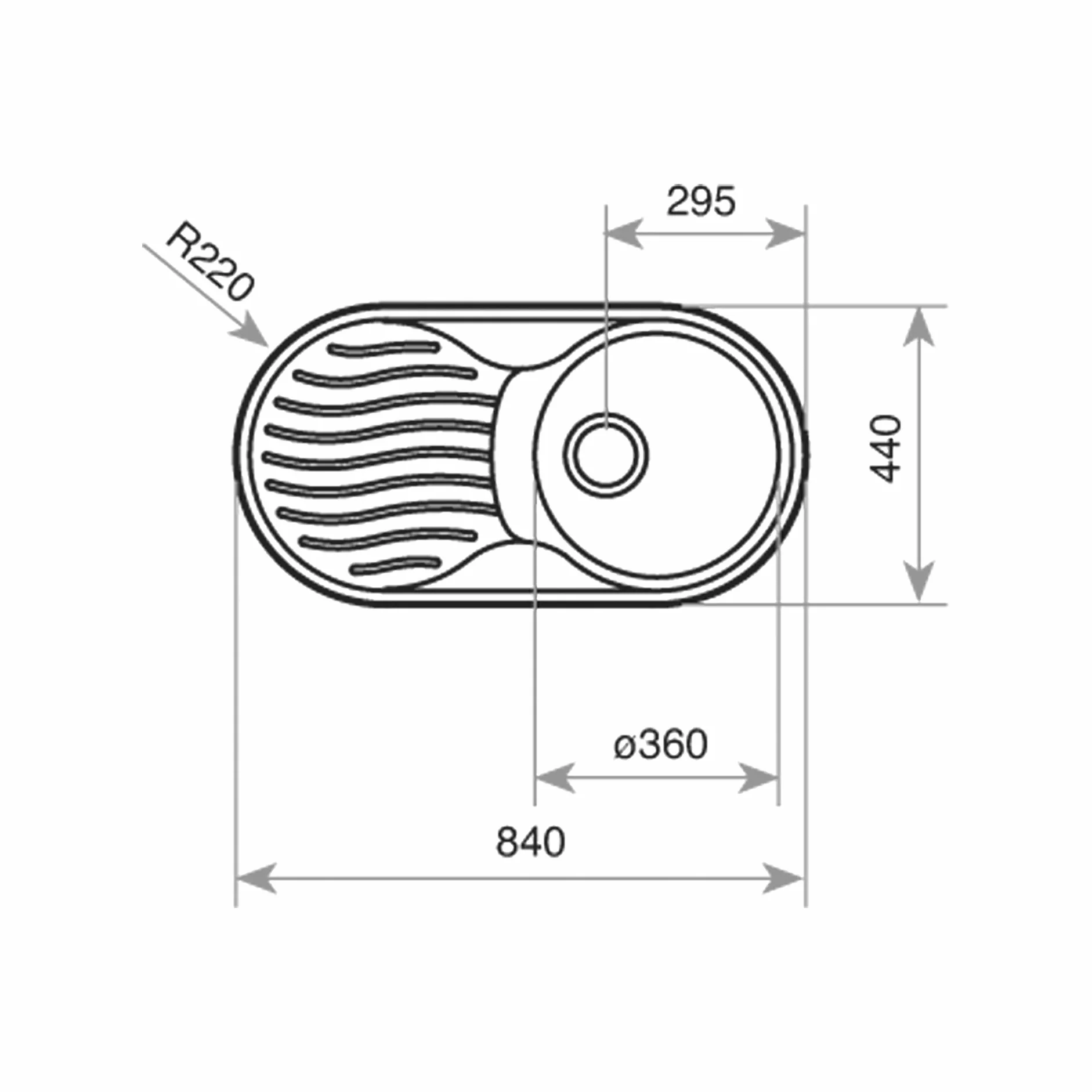Fregadero DR-80 1C 1E REV Fregadero inox cubeta redonda y escurridor, 160 mm, Mueble 45