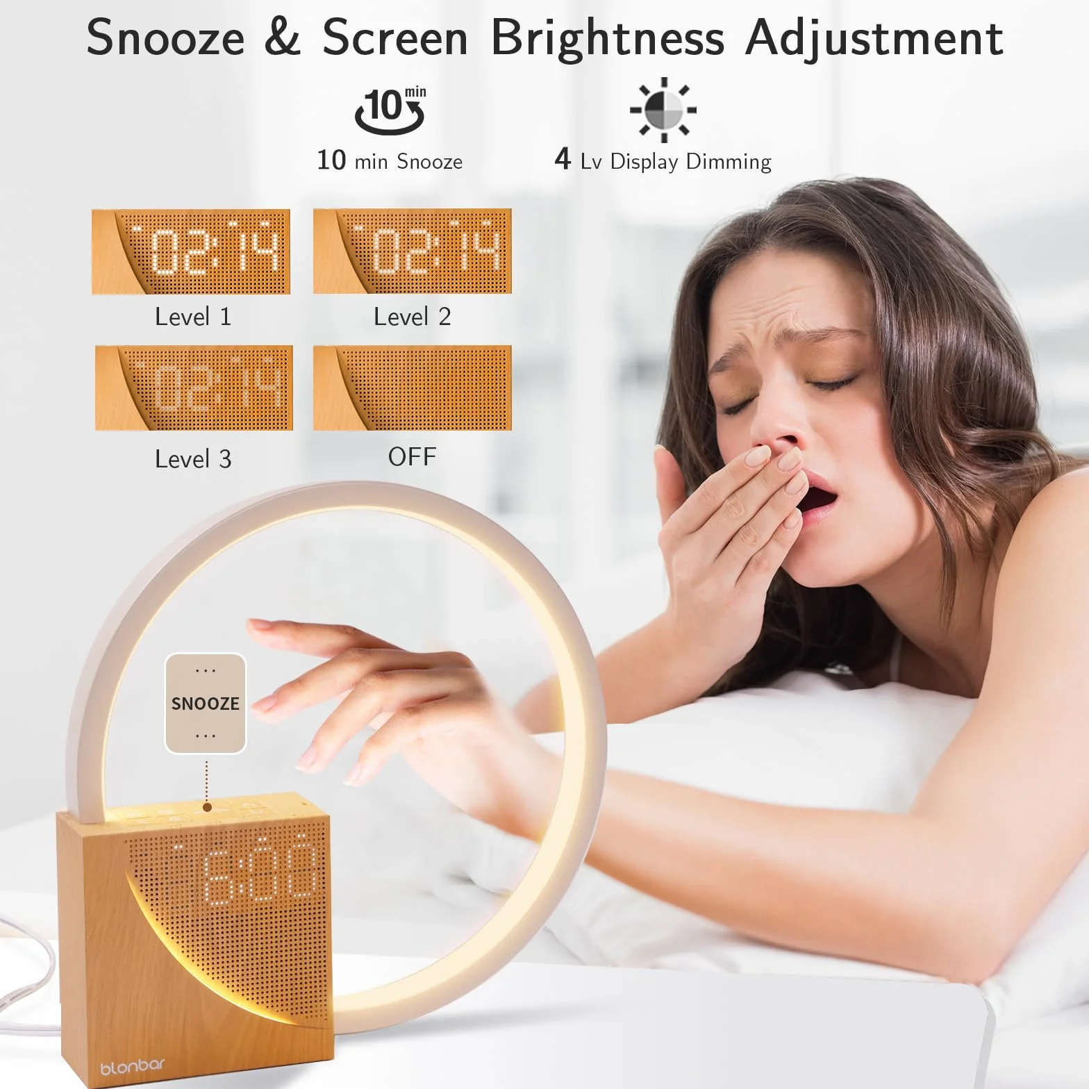 Blonbar 10W Lampka Nocna z Ładowaniem USB, Budzik Wake Up Light, Sterowanie Dotykowe, Ściemnialna Lampka Stołowa