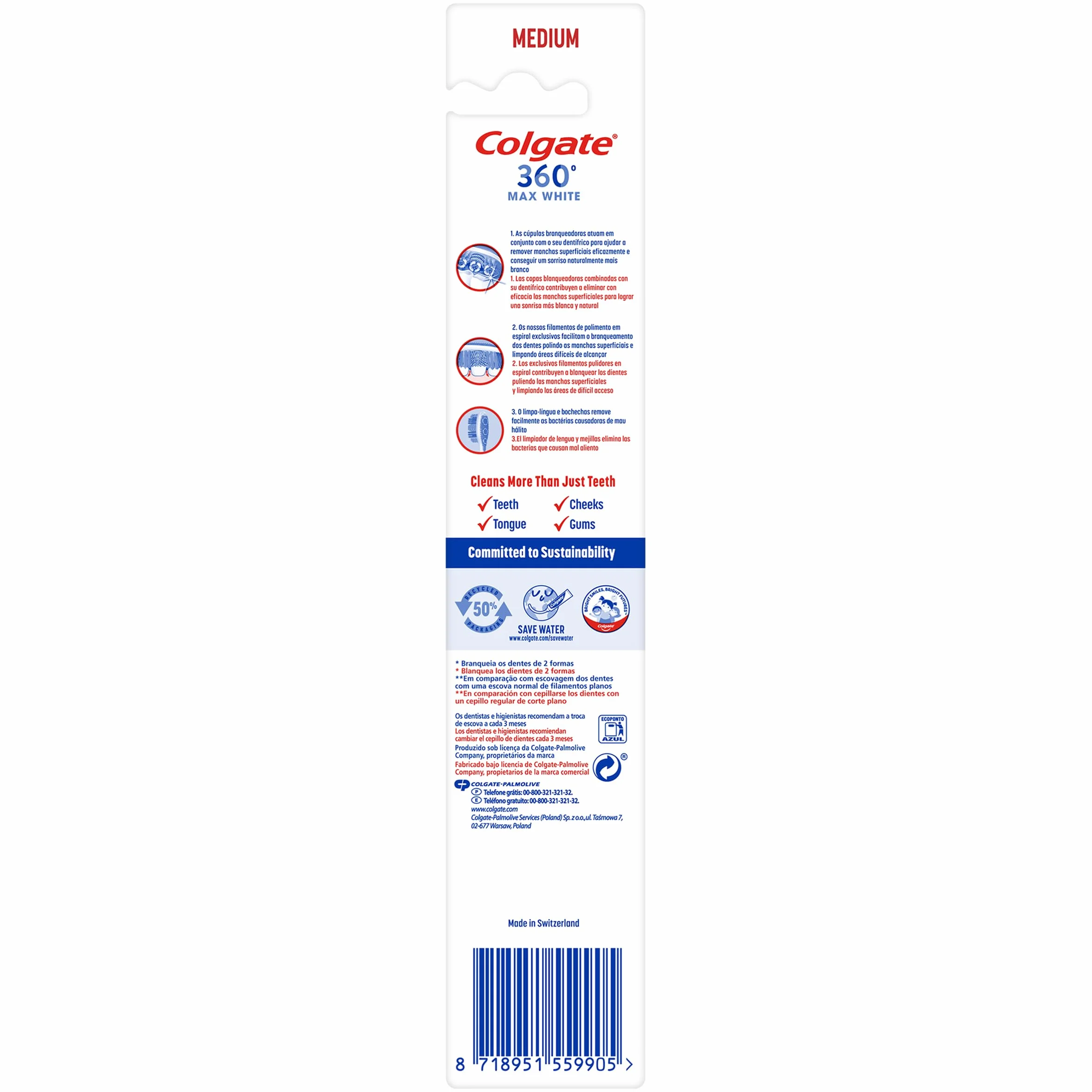 Colgate Max White 360 Szczoteczka do zębów Średnia twardość, 1 szt. Wybielanie zębów, usuwanie plam, oczyszczanie trudno dostępnych obszarów, czyszczenie języka i policzków, eliminuje nieświeży oddech