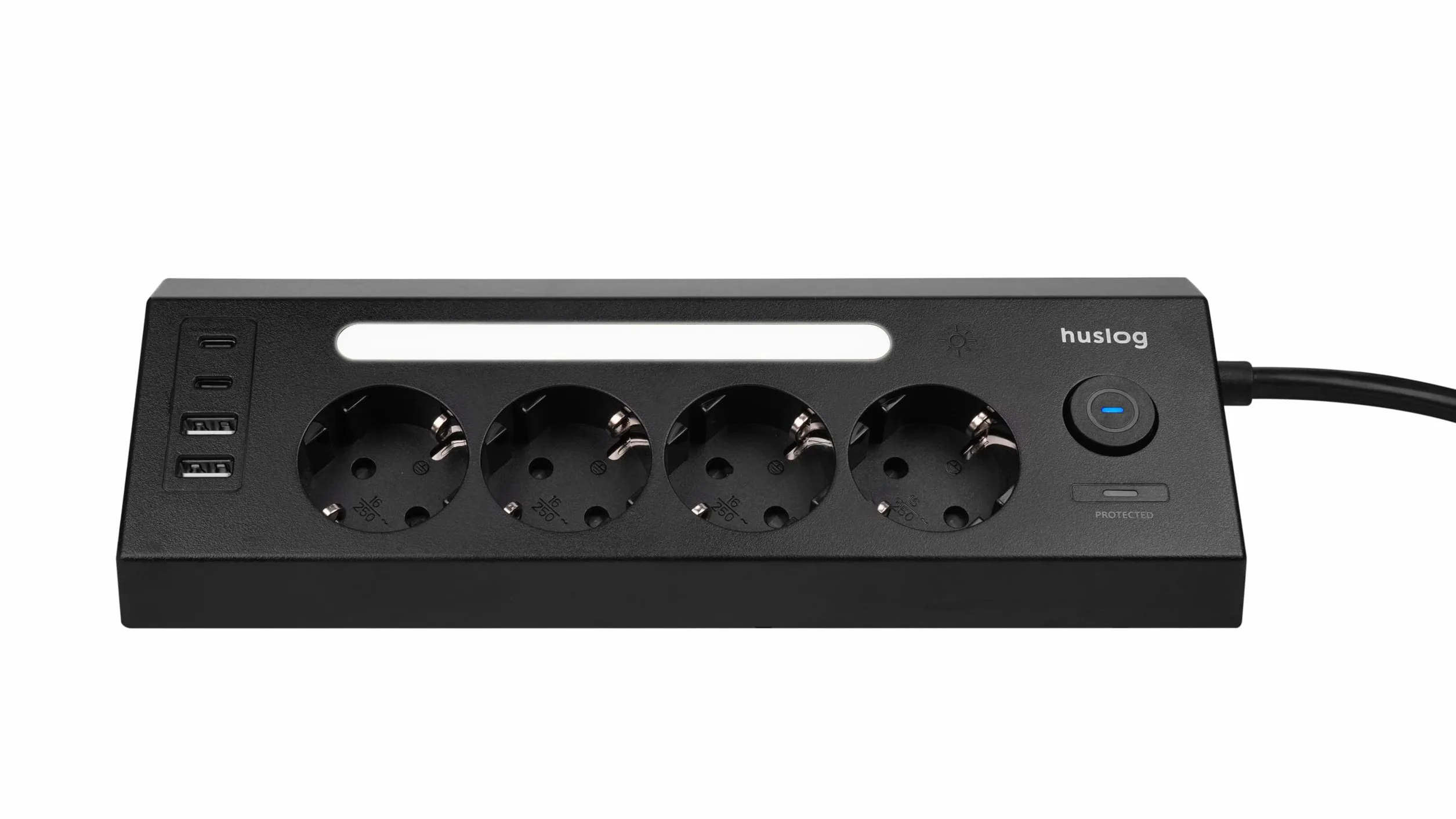Listwa zasilająca z 4 gniazdami Schuko, 4 porty USB (2 × USB-C i 2 × USB-A), lampka nocna LED, ochrona przed przepięciem, 3680 W, gniazdo wielokrotne z przełącznikiem, możliwość montażu na