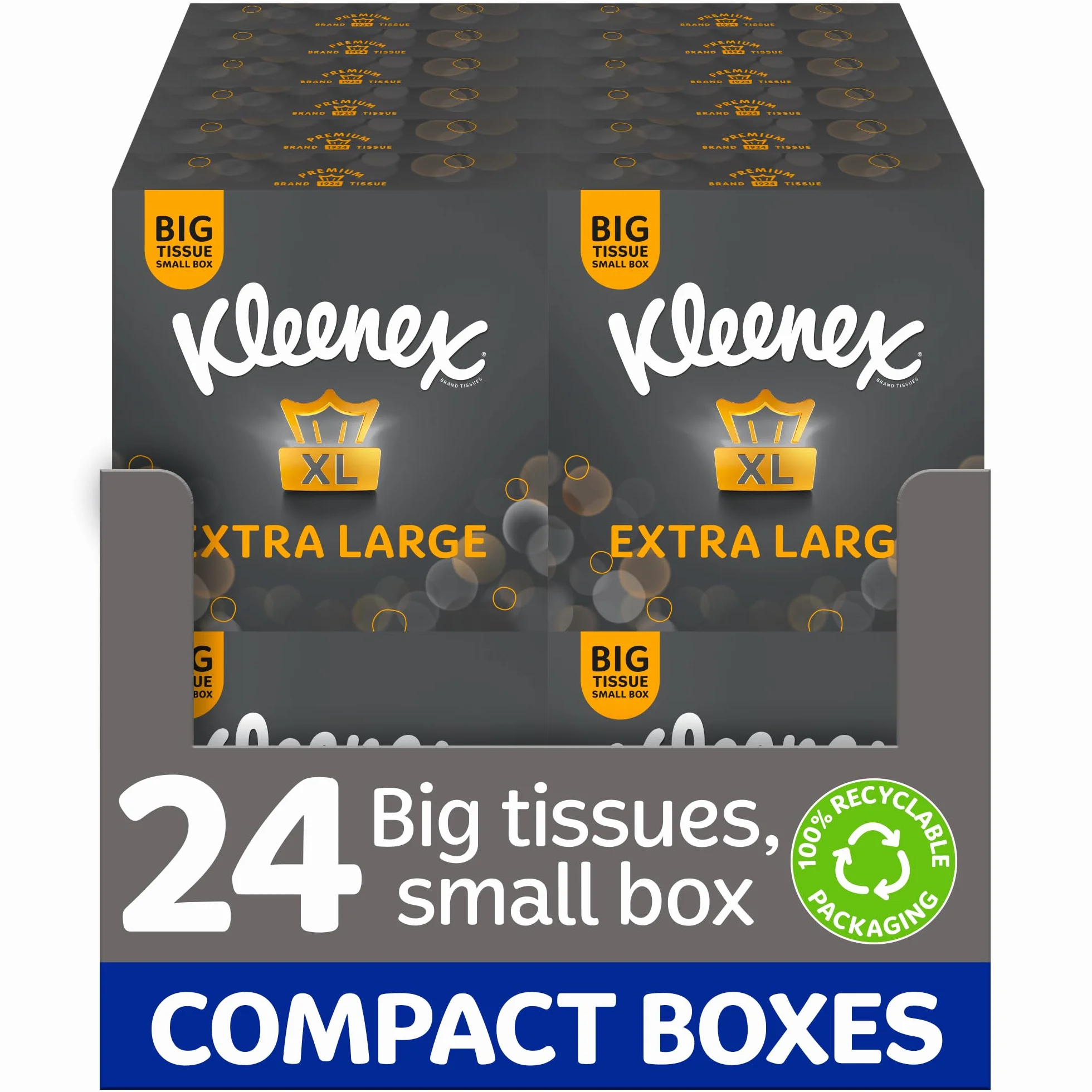Kleenex Bardzo duże miękkie chusteczki do twarzy, opakowanie w 100% nadające się do recyklingu, 24 kompaktowe pudełka na chusteczki, 1056 chusteczek (24 pudełka)