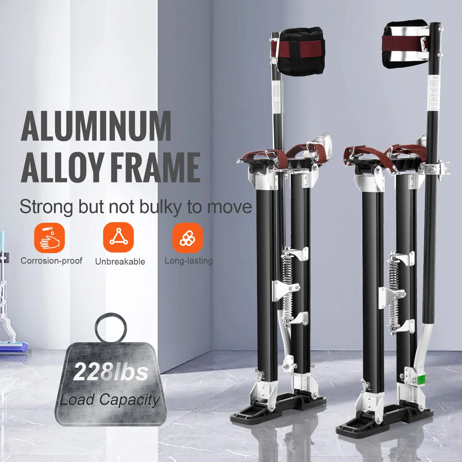 VEVOR Regulowane szczudła do suchej zabudowy 61-101,6 cm Szczudła ze stopu aluminium Obciążenie 103 kg Stopy 27-29 cm Ochronne nakolanniki do malowania Dekoracja domu Sufit Czarny