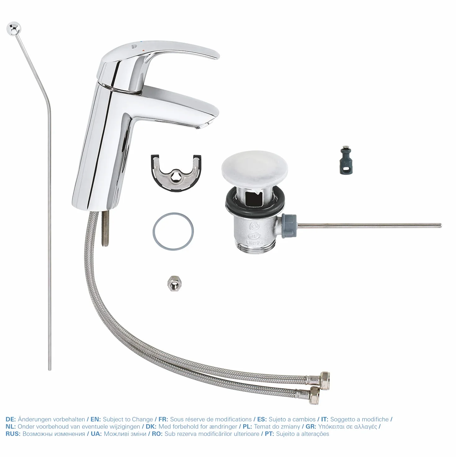 GROHE Eurosmart - Bateria umywalkowa z zestawem odpływowym (średnio wysoka wylewka, metalowa dźwignia, technologia oszczędzania wody, głowica ceramiczna 28 mm, króćce 3/8 cala), rozmiar 169 mm, chrom