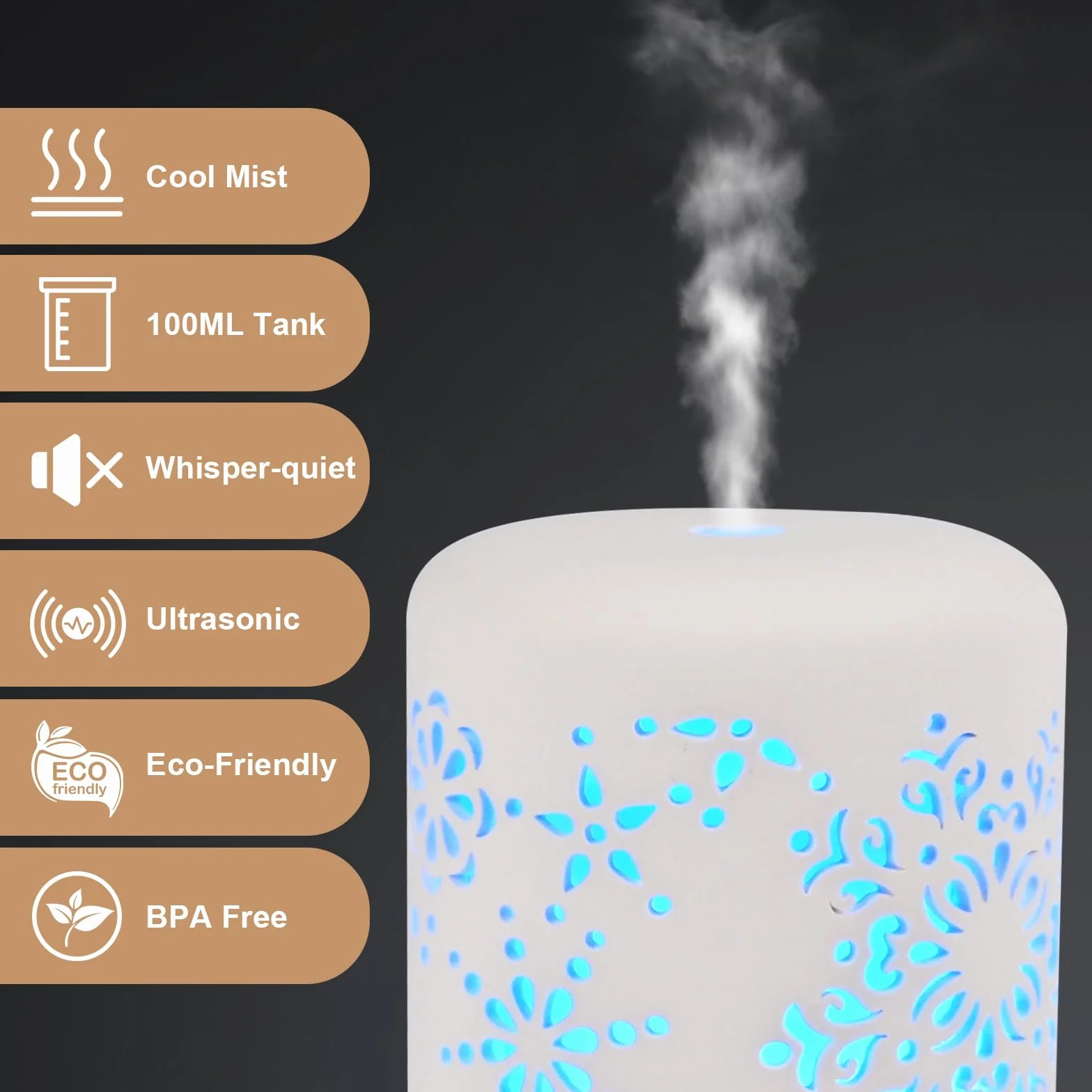 GuKKK 100ML Ceramiczny Dyfuzor Aromatyczny do Olejków Eterycznych z Regulowanym Trybem Mgły, 7 Kolorów LED, Timer