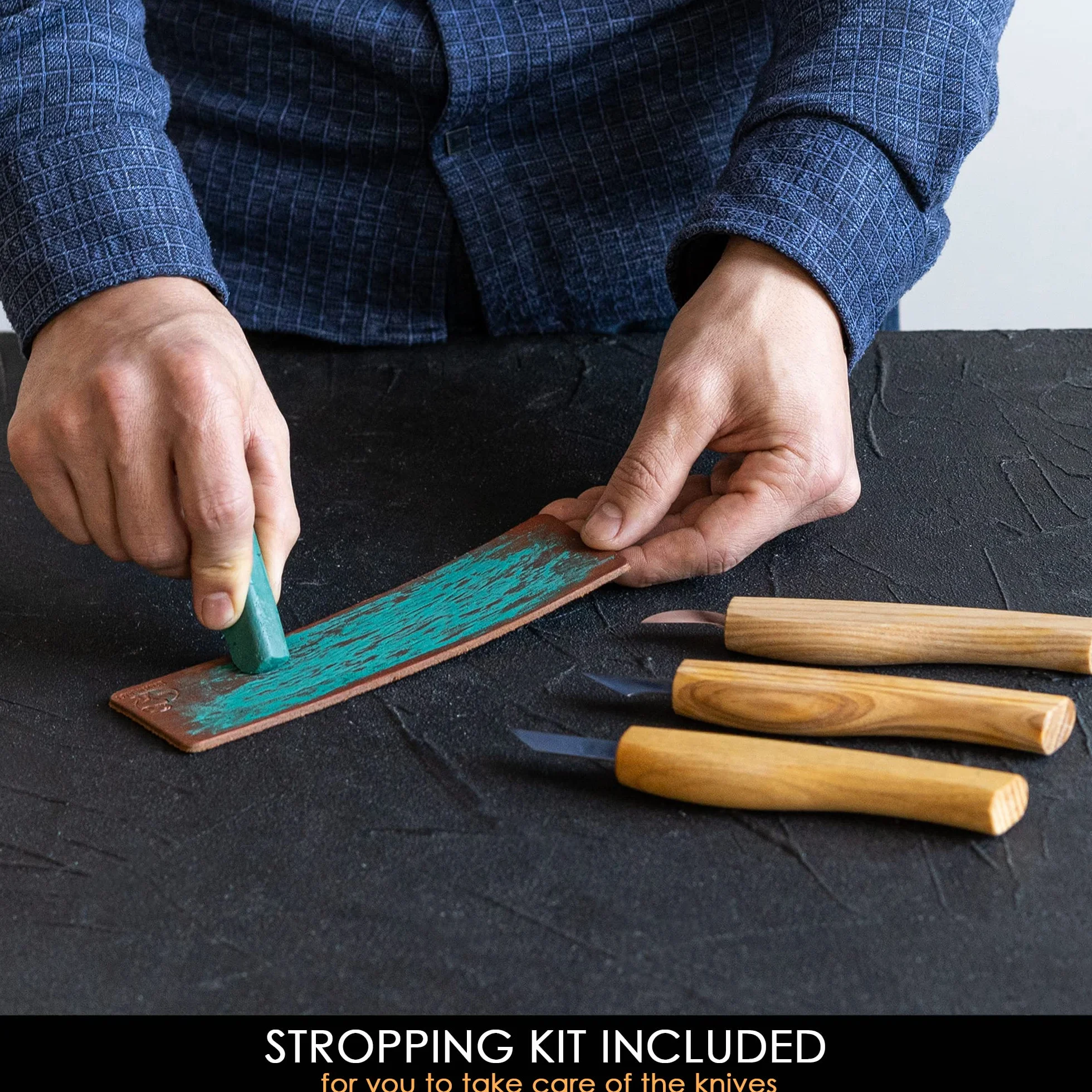 BeaverCraft Zestaw noży rzeźbionych w drewnie S55 – zestaw do Whittling dla początkujących z nożami ze szczegółowymi chipami i skórzanym paskiem, narzędzia Whittling, hobby dla mężczyzn