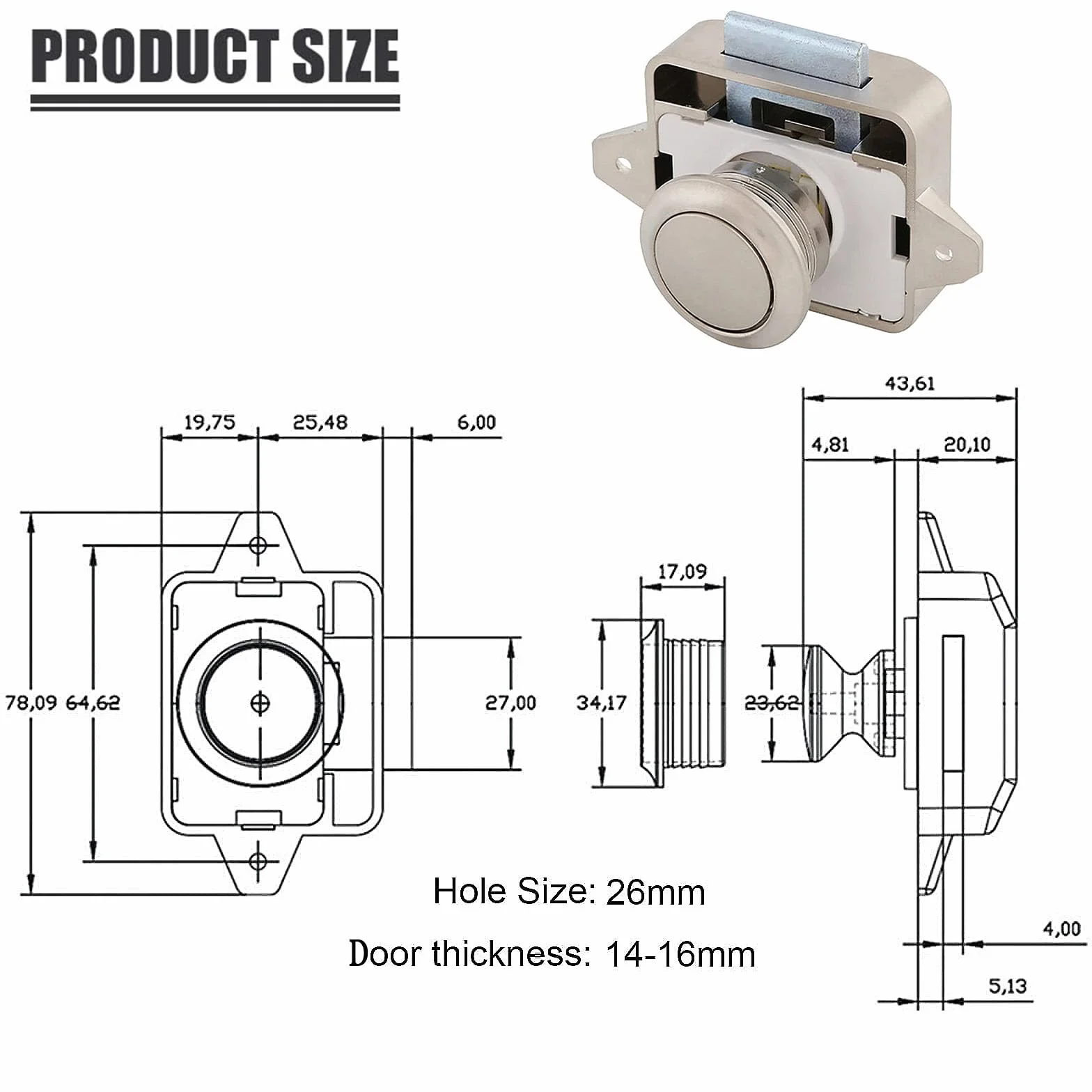 2 sztuki Cabinet Push Button Lock, Push Button Catch Door Lock Metal, blokada szuflad, zamek zatrzaskowy, do kamperów, jachtów