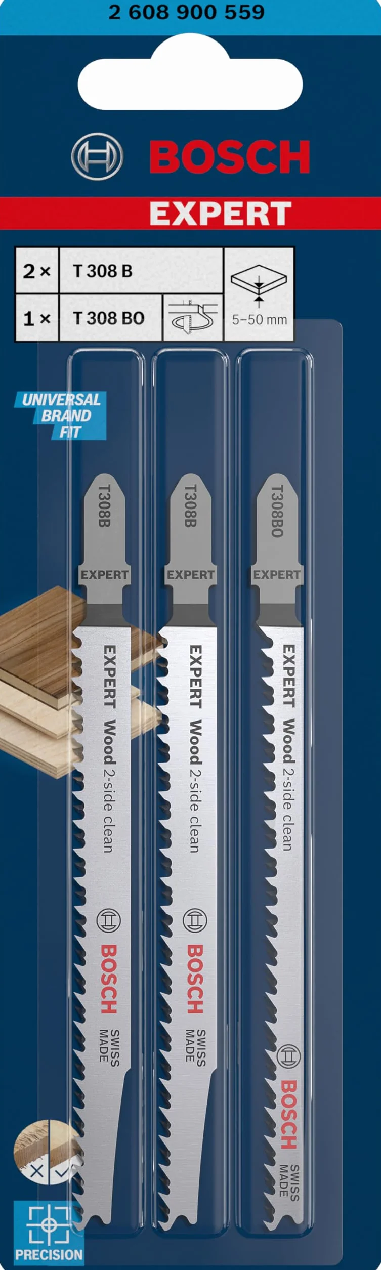 Bosch 3x Zestawy brzeszczotów do wyrzynarki EXPERT Wood 2-side clean (do Płyta meblowa z litego drewna, Sklejka, Długość 117 mm, Professional Akcesoria Wyrzynarka)