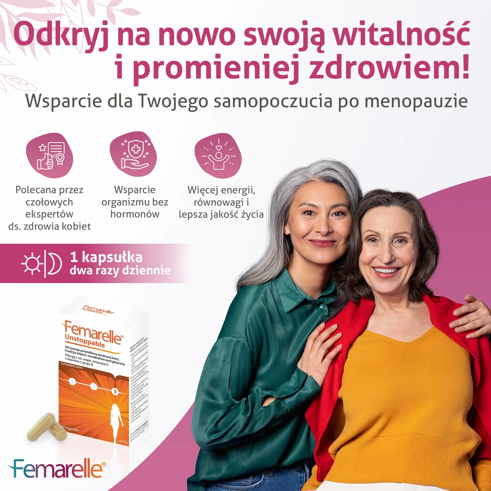 Femarelle Unstoppable 56 kapsułek – Wsparcie po menopauzie z DT56a, witaminą B2, witaminą D3, biotyną i wapniem