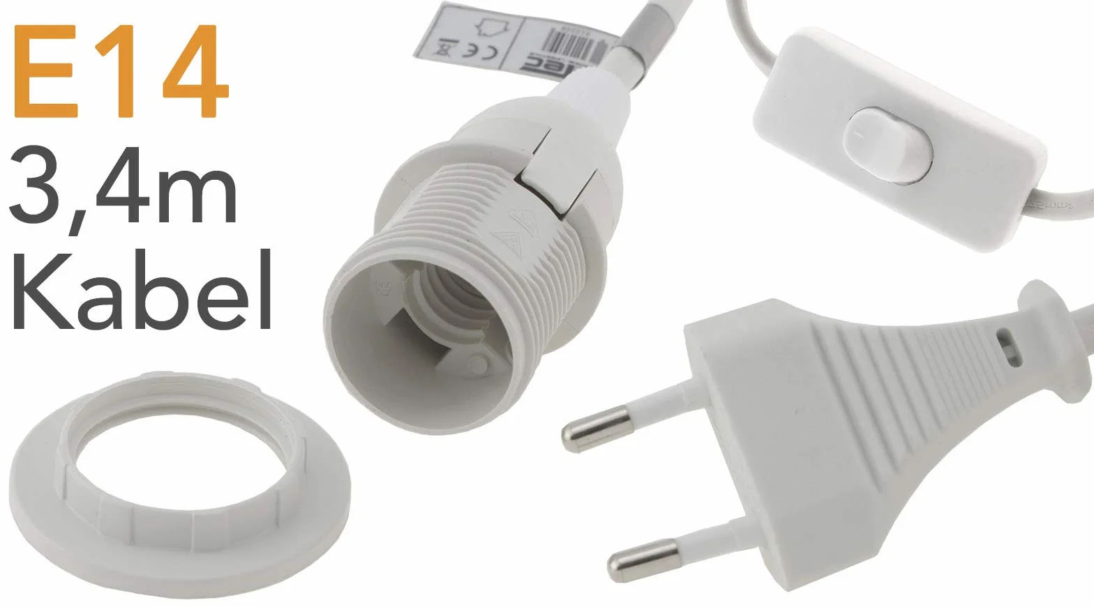 E14 oprawa lampy z kablem 3,4 m prze??cznik sznurkowy I wraz z pier?cieniem monta?owym Ø 40 mm do aba?uru papieru, lamp, gwiazd, lamp, bia?e