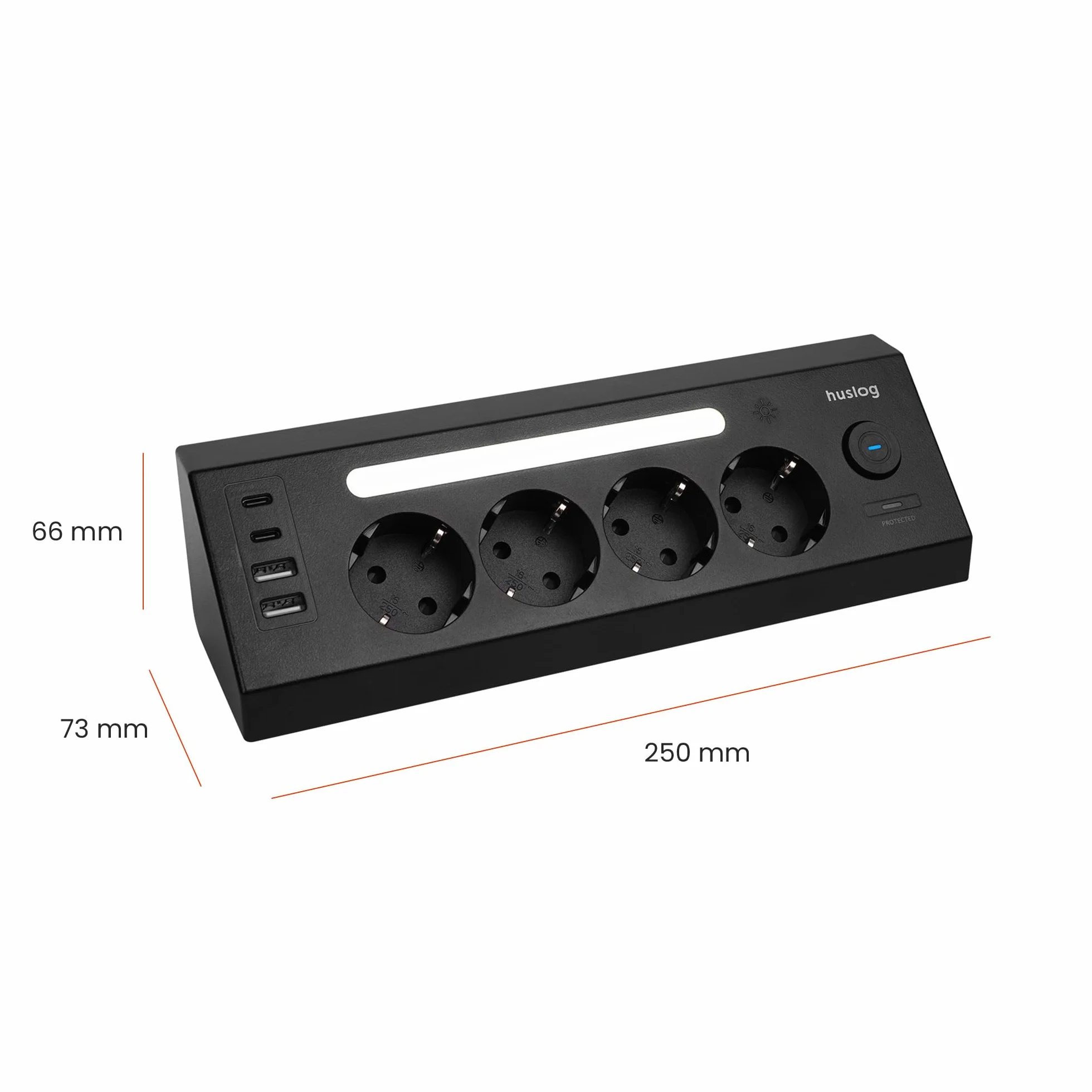 Listwa zasilająca z 4 gniazdami Schuko, 4 porty USB (2 × USB-C i 2 × USB-A), lampka nocna LED, ochrona przed przepięciem, 3680 W, gniazdo wielokrotne z przełącznikiem, możliwość montażu na
