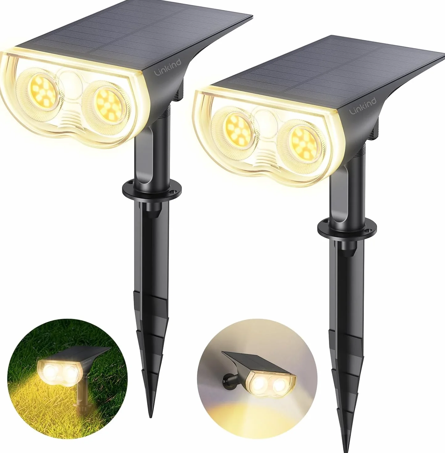 Linkind solarne reflektory krajobrazowe, 16 LED, praca od zmierzchu do świtu, 3000 K, solarne zewnętrzne światła ogrodowe, ciepła biel, IP67, wodoodporne lampy ścienne do ogrodu, podjazdu, chodnika, na ganek, 2-pak