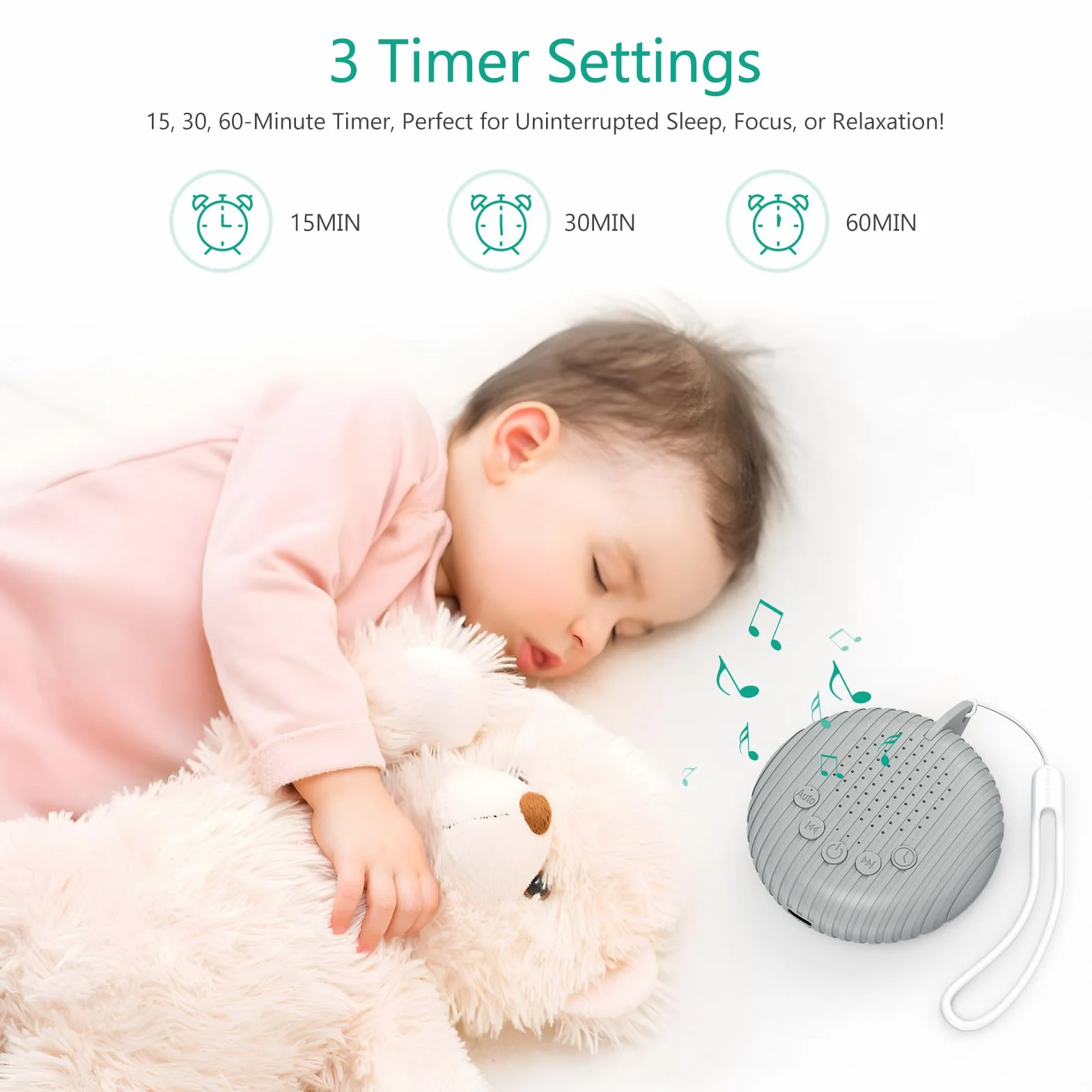 ORIA White Noise Machine urządzenie wspomagające zasypianie dziecka, biały szum, 10 naturalnych dźwięków, 3 ustawienia timera, funkcja pamięci, możliwość ładowania przez USB, pomoc w zasypianiu, kolor