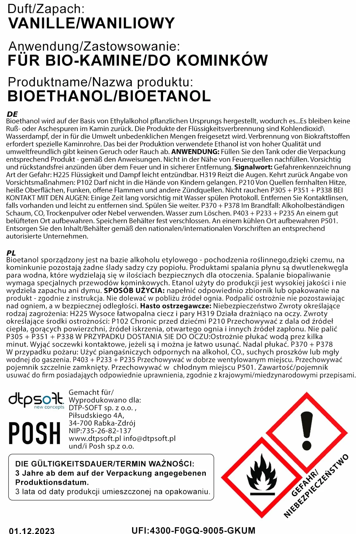 5 litrów bioetanolu Premium 100% do alkoholu do kominka (VANILLEDUFT, 5 l)