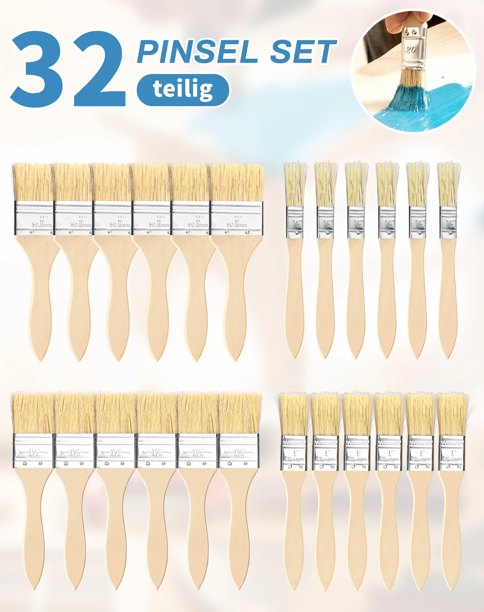 32 sztuki Zestaw pędzli do malowania, 12,7/25,4/38,1/50,8 mm, szerokie, płaskie, do lakieru, lazury, farby, oleju, lazury, drewna, DIY