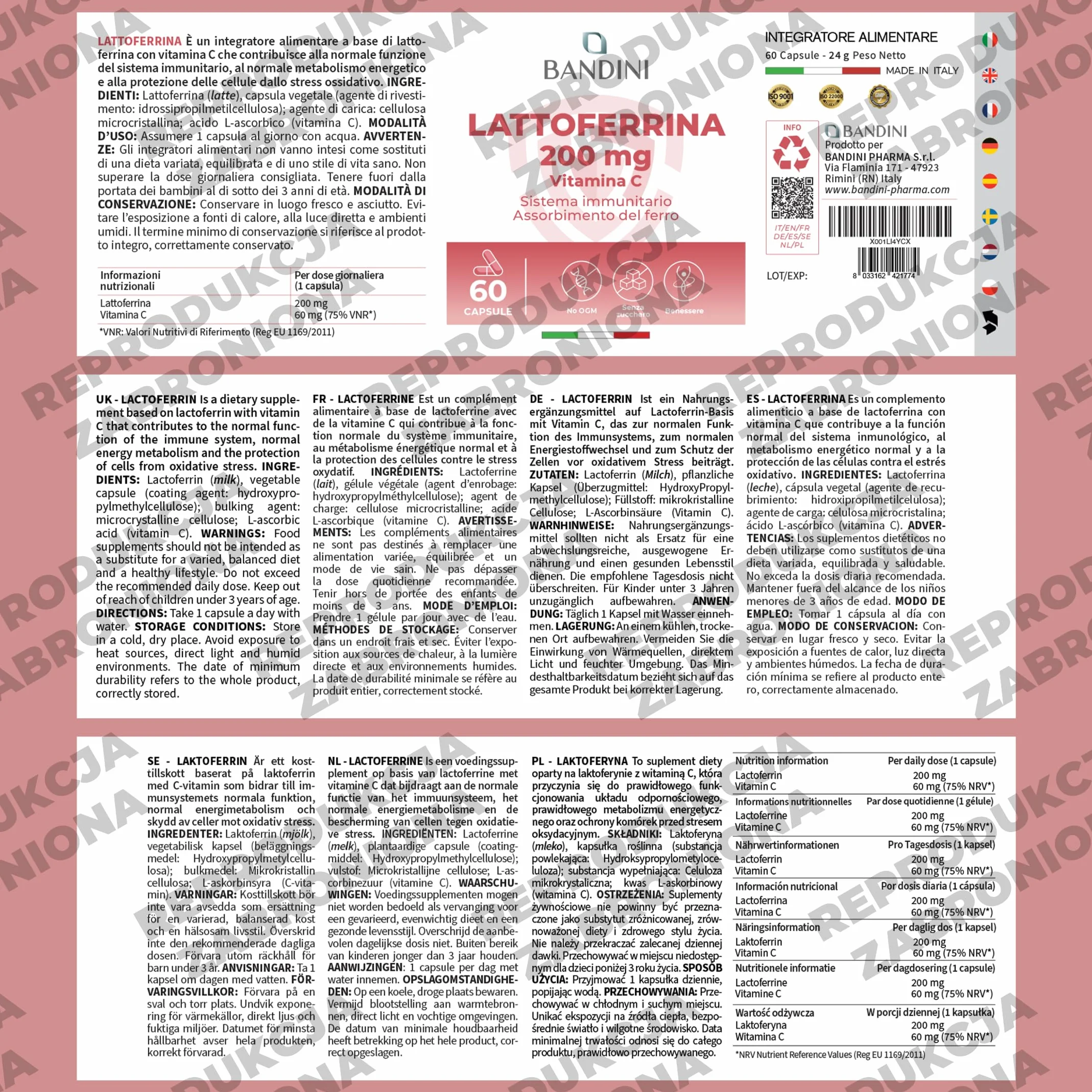 Bandini LATTOFERRINE 200 Immuno 200 MG laktoferyny 60 kapsułek Suplement diety z witaminą C