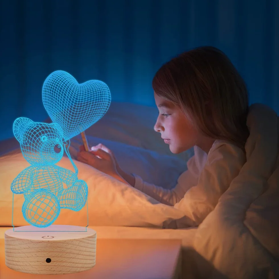 GEEKEO Lampa 3D w kształcie misia, dla kobiet, dzieci, lampka nocna, na walentynki, prezent dla kobiet, jubileusz, urodziny, zmiana kolorów, dekoracja dla mamy lub żony