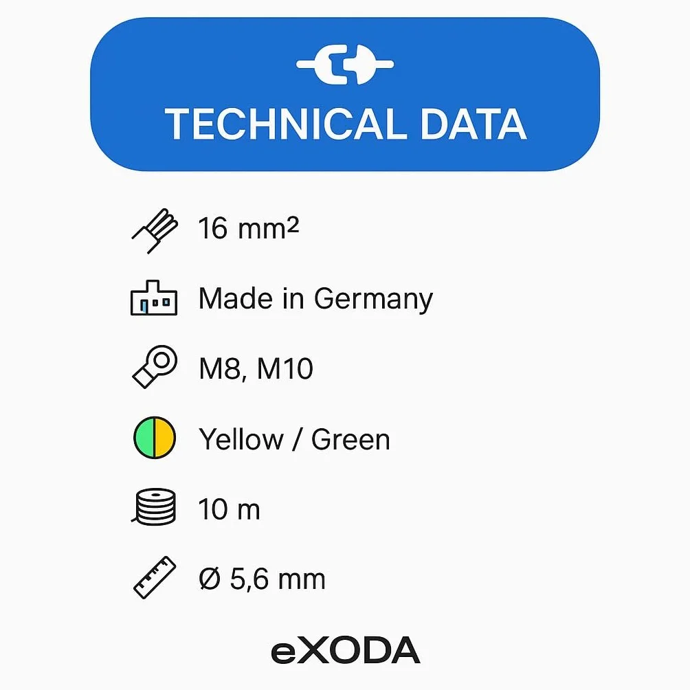 Exoda 10m kabel uziemiający 16 mm² zielono-żółty M8 M10 do zastosowań uziem | Zastosowania uziemiajace, 10 m dlugosci, oczka M8 M10, standard H07V-K, elastyczny, powloka PVC, do stosowania wewnetrznego i