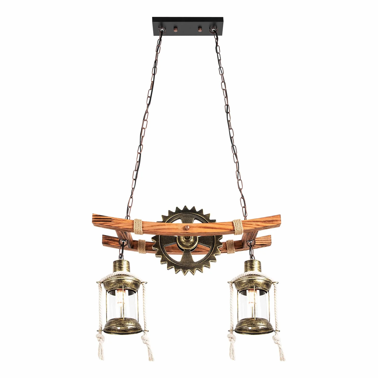 Lampa wisząca w stylu vintage, drewno, industrialny design, retro lampa wisząca z 2 płomieniami, lampa sufitowa E27, styl industrialny, lampa sufitowa do salonu, sypialni, kuchni, kawiarni i