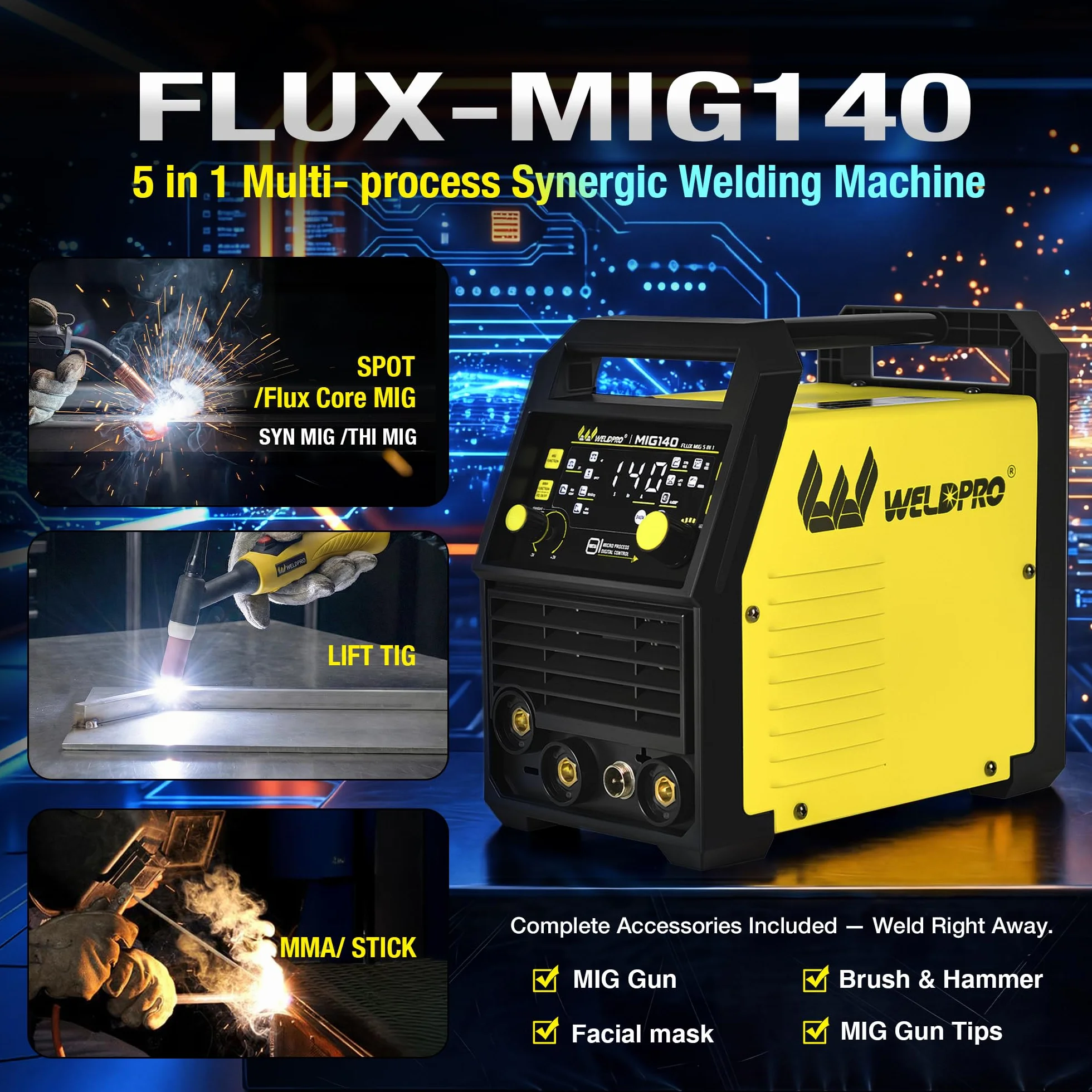WeldPRO Lutownica MIG 140A 110/220V, lutownica rdzenia przepływowego 5 w 1, synergiczna MIG/grubość MIG/Lift TIG/MMA/spawarka punktowa, spawarka inwerterowa IGBT z cyfrowym wyświetlaczem LED