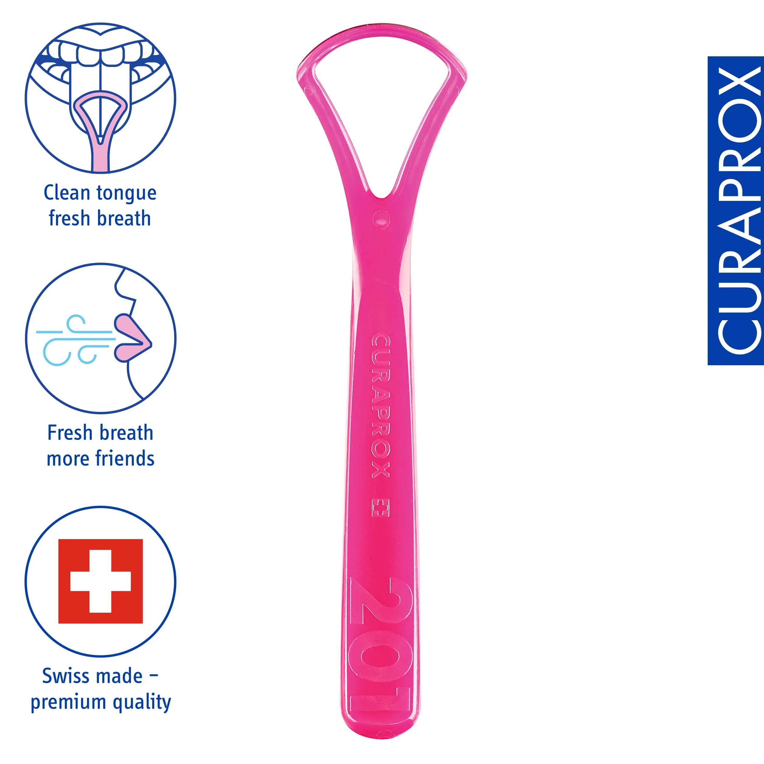 Curaprox Tongue Cleaner - Skrobak z jednym ostrzem do codziennego świeżego oddechu i higieny jamy ustnej/Losowy kolor, pojedyncze opakowanie/Made in Switzerland