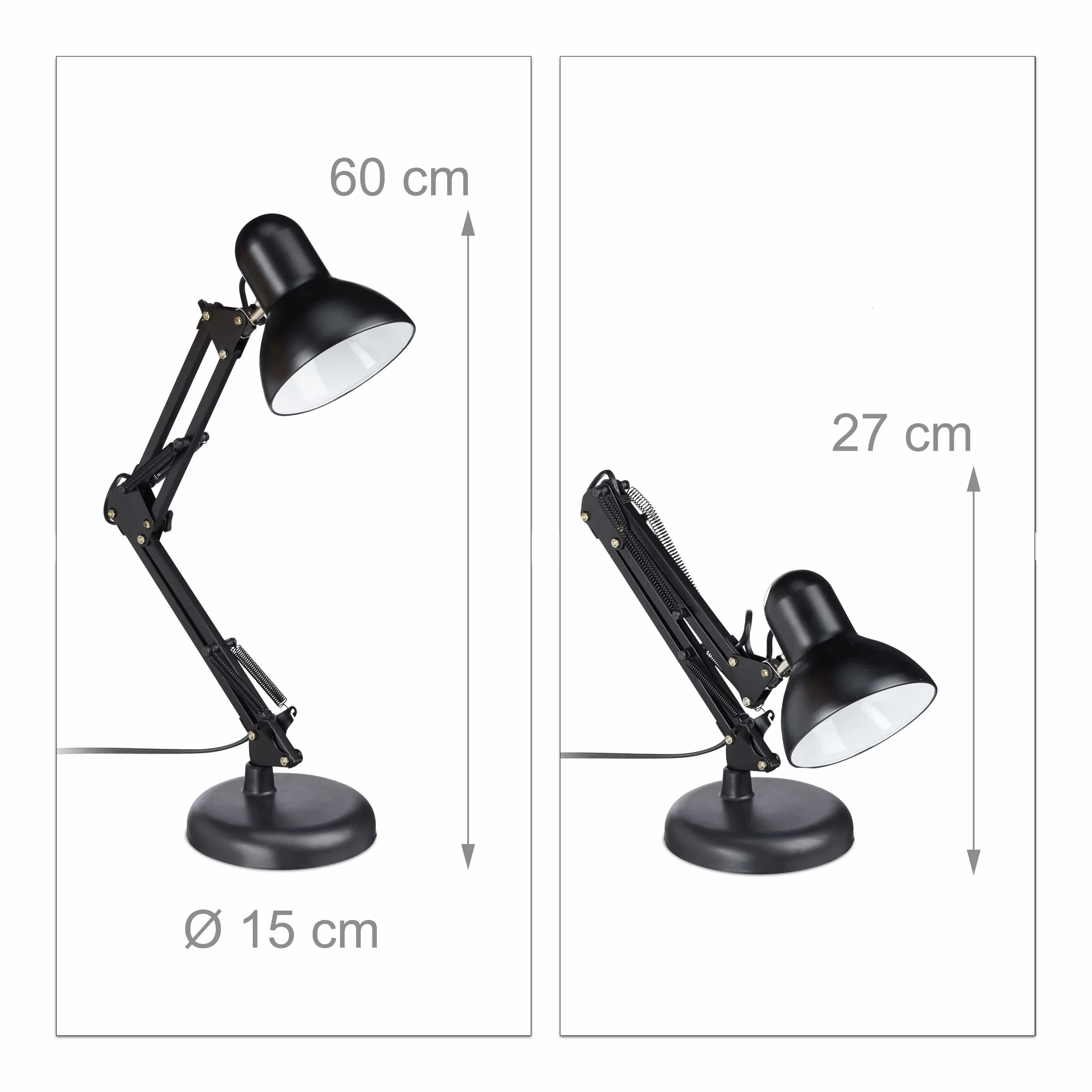 Relaxdays Lampa biurkowa w stylu retro, ramię przegubowe, wychylna, lampka do czytania, metal, E27, wys. x szer. x gł.: 50 x 27 x 15 cm, czarna