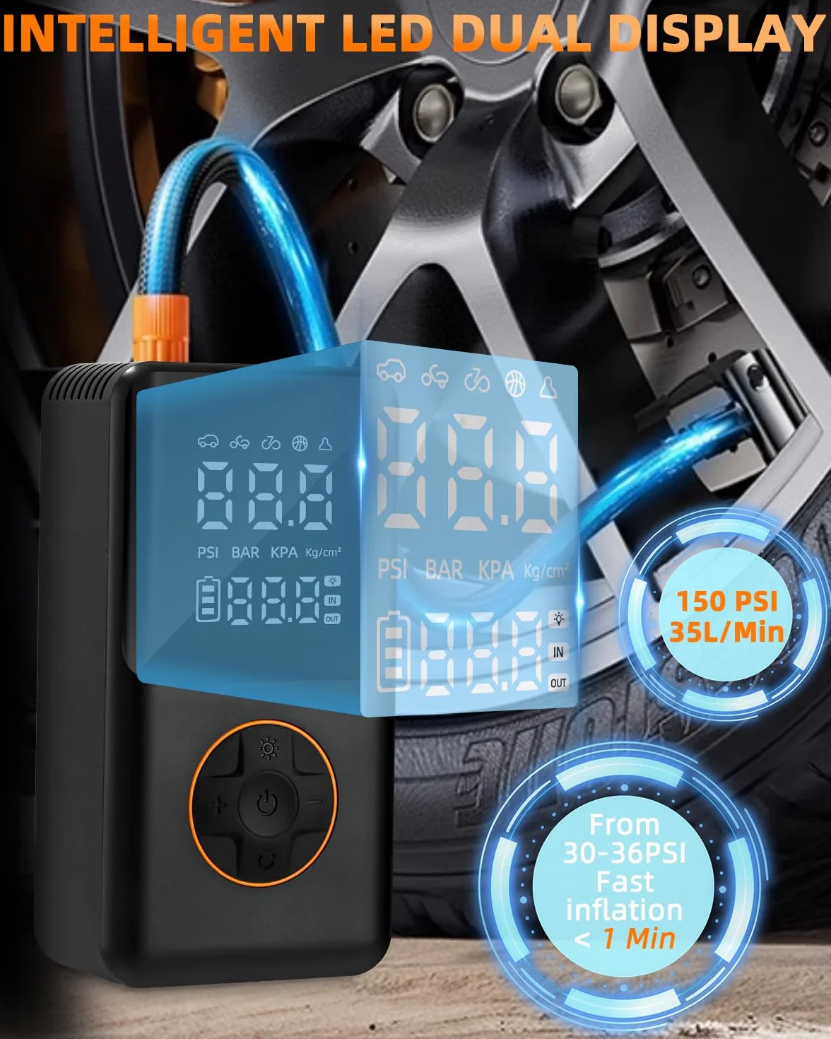 Przenośna sprężarka powietrza,Samochodowa sprężarka powietrza 150PSI,4000mAh Mini elektryczna rowerowa pompka powietrza z latarką LED,do Samochodów, Motocykli,Rowerów i Piłek