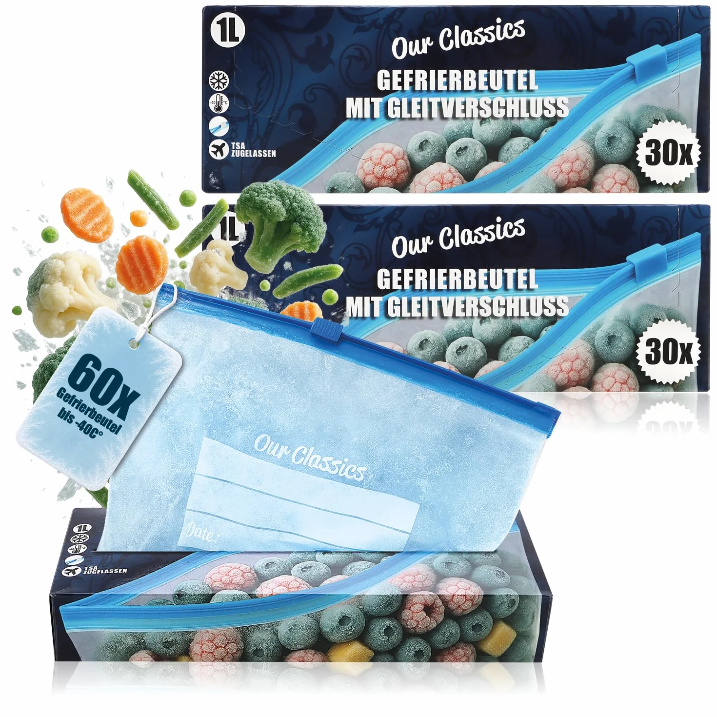 COM-FOUR® 60x Torebki do zamrazarki, zamykane torebki do przechowywania zywnosci - uniwersalne torebki dla ochrony zywnosci do -40°C (1 L - 60 sztuk)