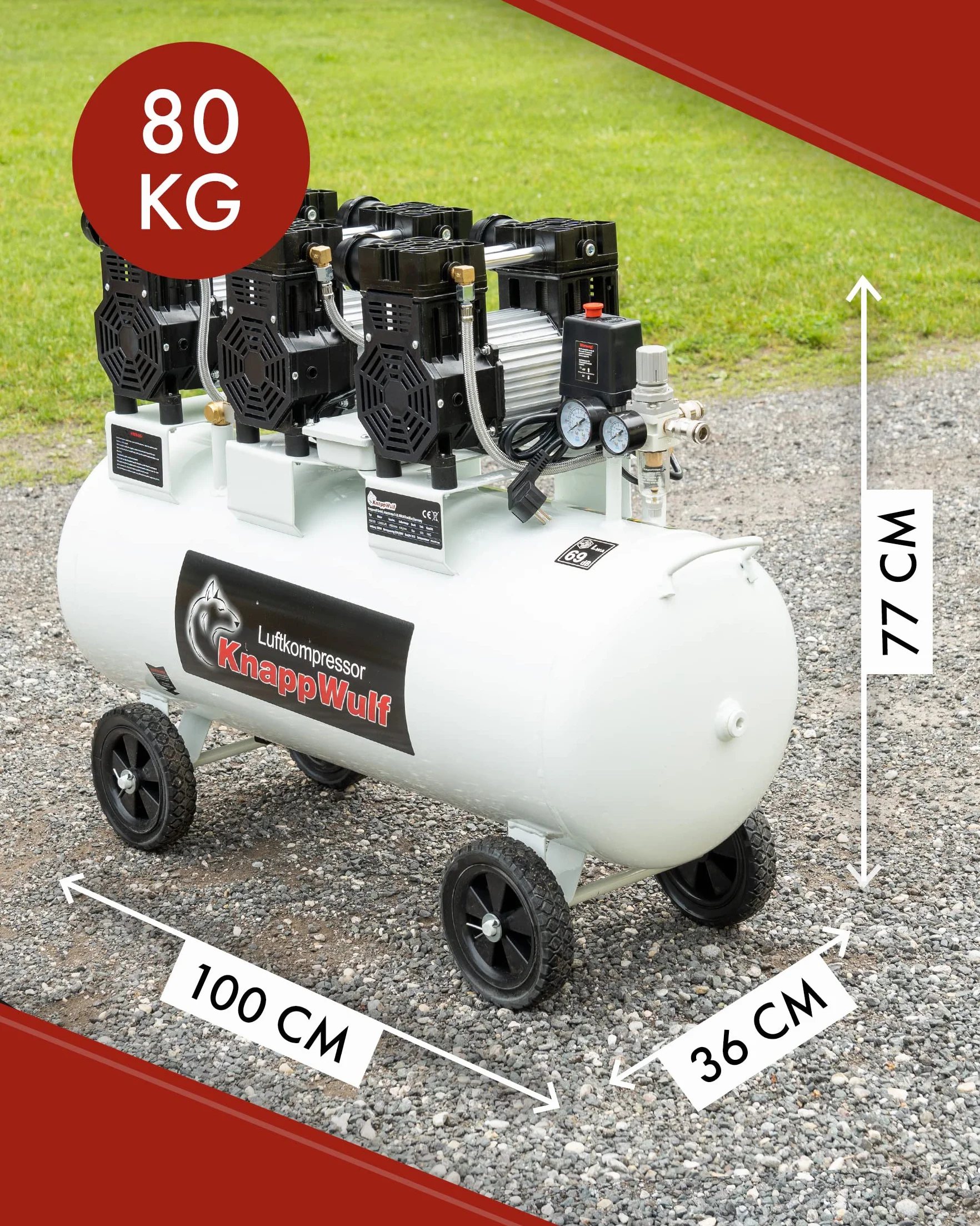 KnappWulf cicha sprężarka powietrza KW2200, 8 bar, 100 l zbiornika, 3300W, 590 l/min, bezolejowa, w zestawie odseparowana woda, reduktor ciśnienia, zawór odprowadzania kondensatu