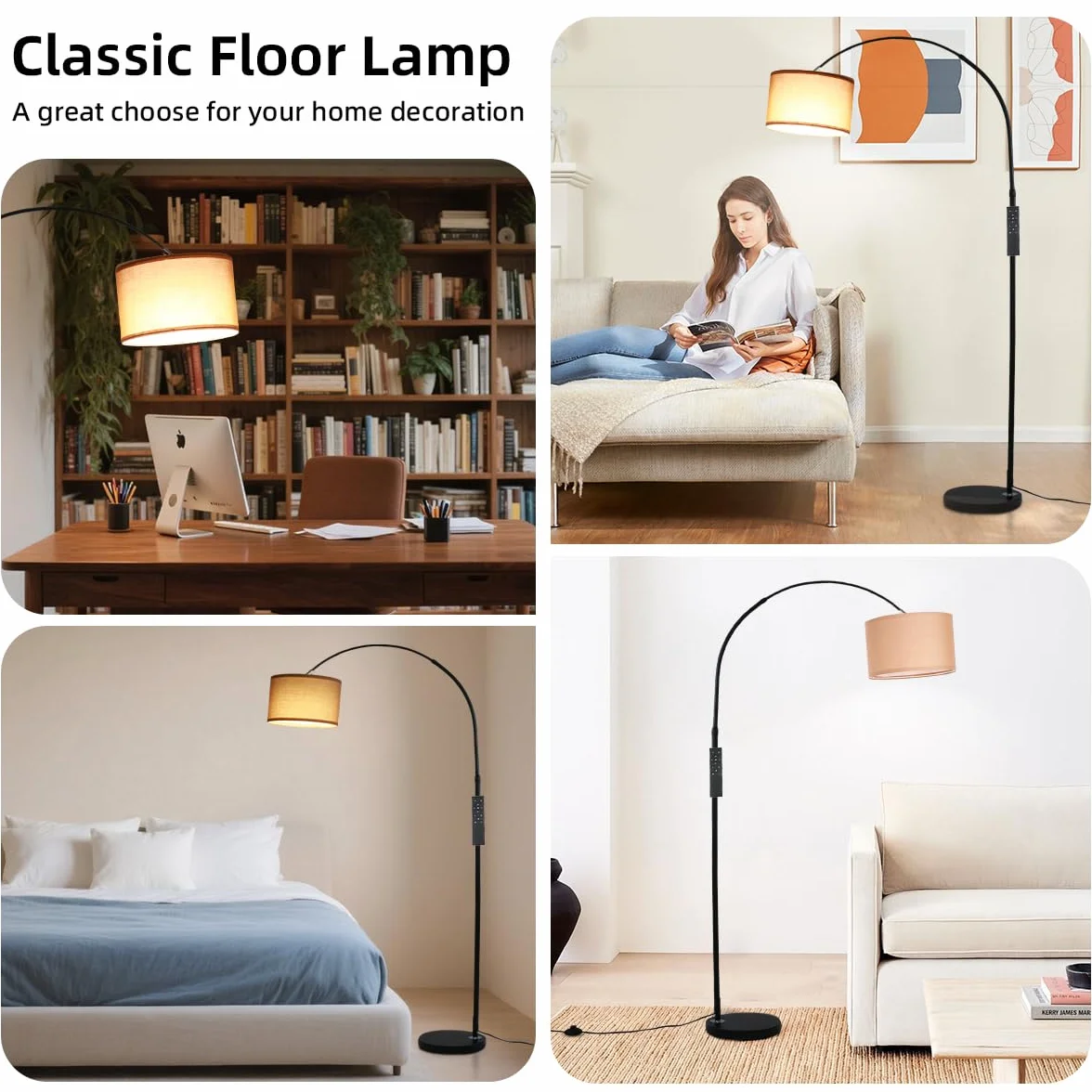 ANTENLICHT AURA Lampa łukowa z pilotem | Lampa stojąca do salonu z regulacją jasności | W zestawie żarówka LED E27 | Brązowy abażur z tkaniny 33 cm | Przełącznik nożny | Lampa łukowa w stylu vintage,