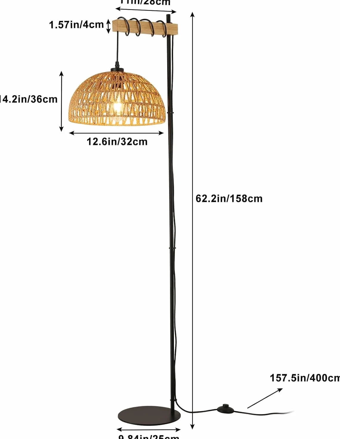 Alpinaluz Lampa Podłogowa E27 Pleciony Papier Kolor Juty Czarna Podstawa | Ręcznie wykonany klosz Ø32 cm, drewniany wspornik i przełącznik nożny do salonu, sypialni, czytania i boho
