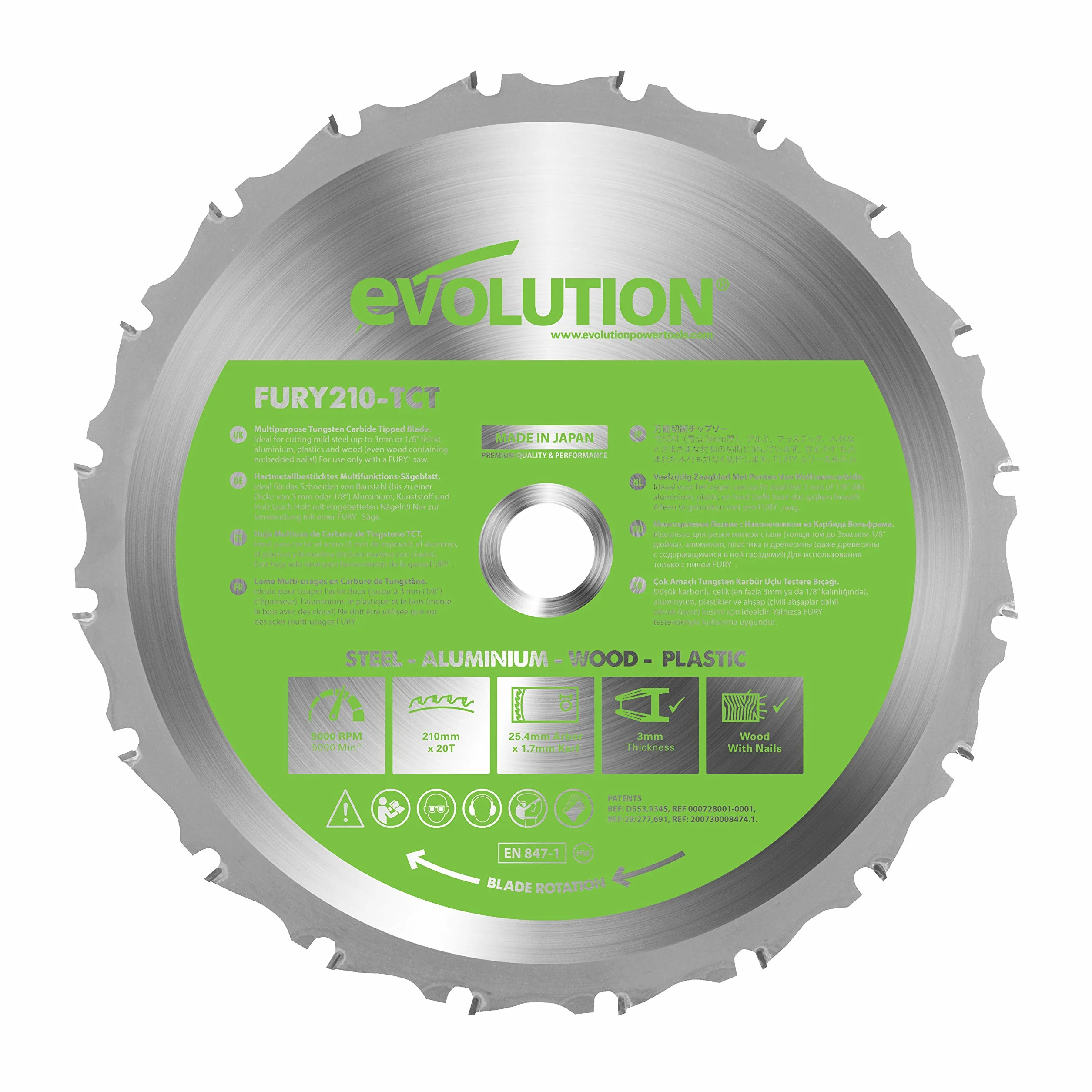 Evolution Power Tools Tarcza do cięcia wielu materiałów F210TCT-20T (Fury) TCT 210 mm tnie drewno, metal i plastik