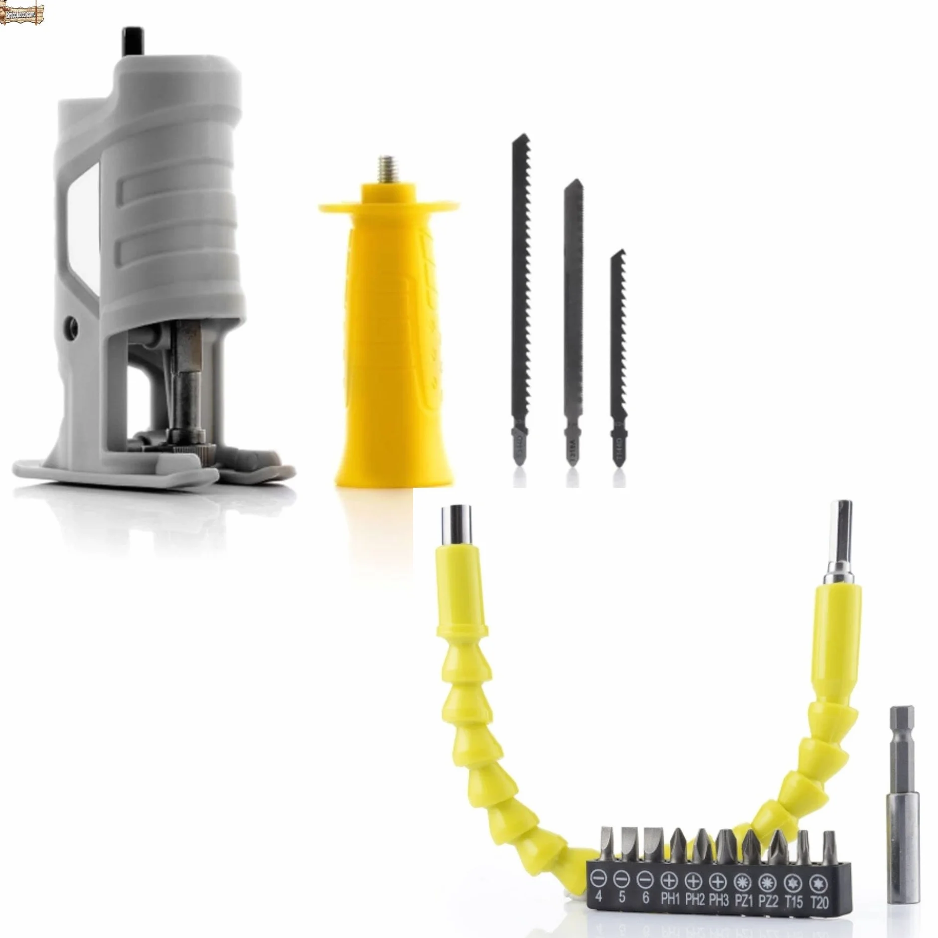 BricoLoco.com Zestaw akcesoriów do wiertarki Elastyczny przedłużacz do łatwego wkręcania w trudnych miejscach + adapter do wyrzynarki do wkrętarki.