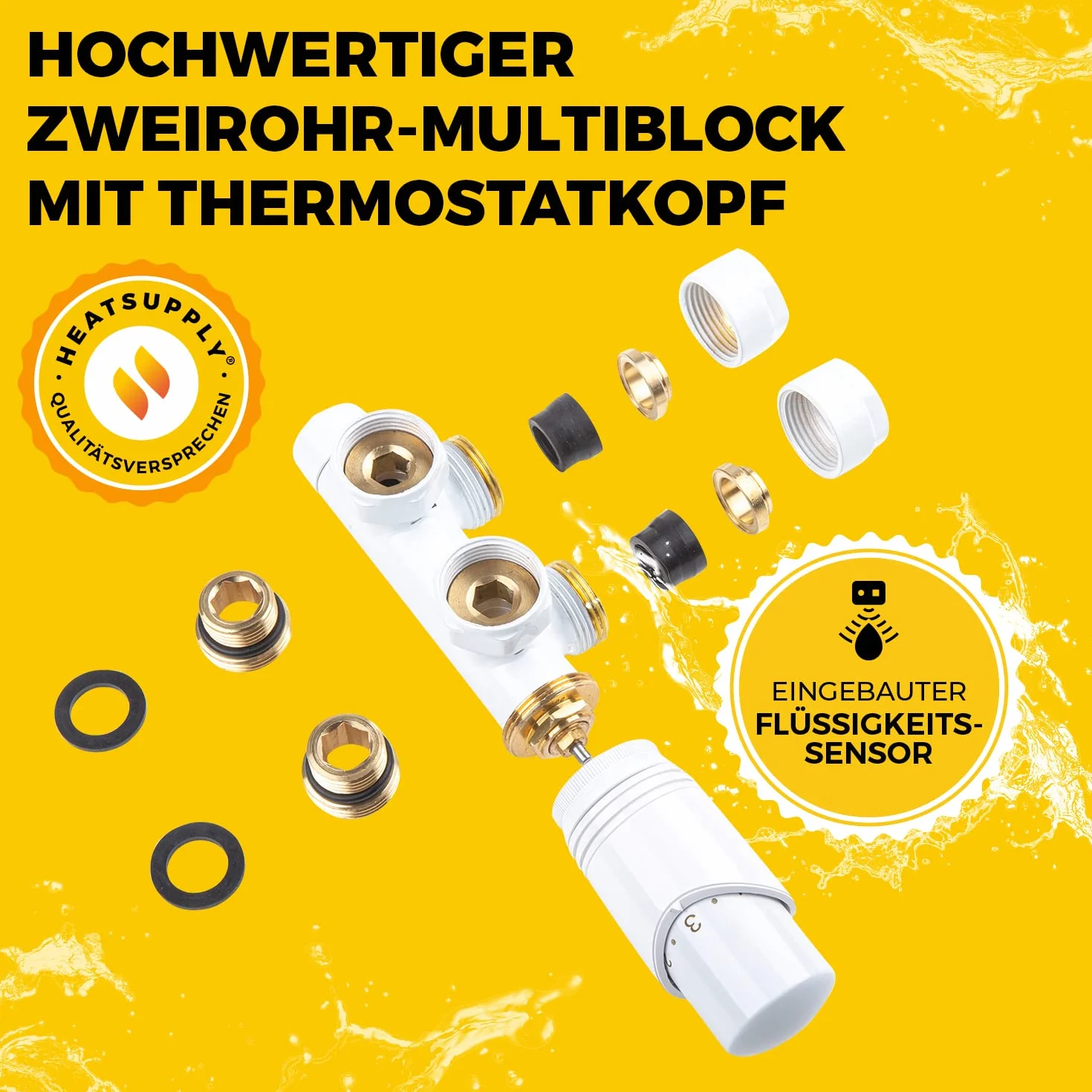Hahnblock zestaw grzejników biały przyłącze środkowe multiblok armatura przyłączeniowa z głowicą termostatu narożny