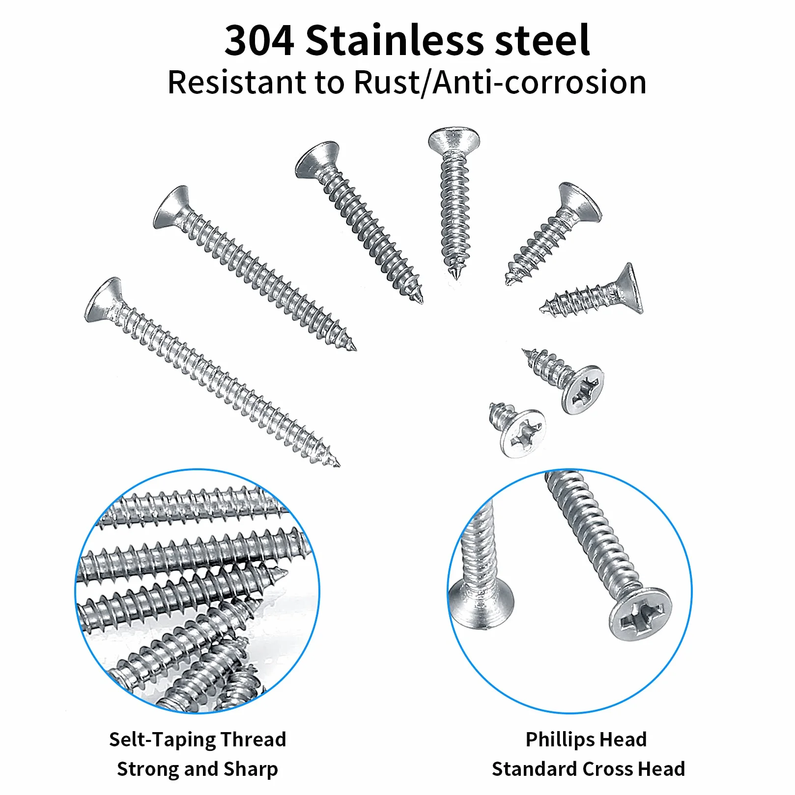Zestaw 420 wkrętów samogwintujących M3, ze stali nierdzewnej 304, z łbem płaskim, 20 szt. śrub M6 – 6 mm/8 mm/10 mm/12 mm/16 mm/20 mm/25 mm/30 mm
