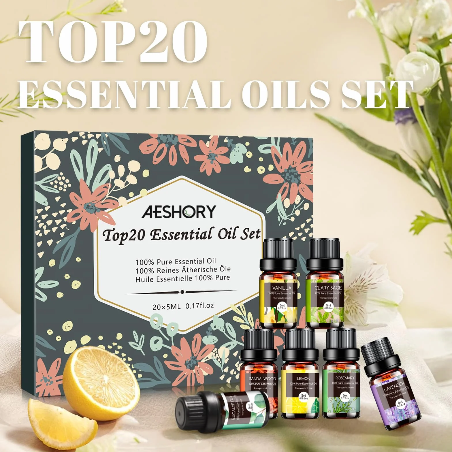 Aeshory Zestaw Olejków Eterycznych 20 X 5 ml, 100% Naturalny Czysty Olejek Eteryczny Do Aromaterapii Do Dyfuzorów Domowych, Nawilżaczy, Do Relaksu, Czyszczenia, Wyrobu Mydła I Świec