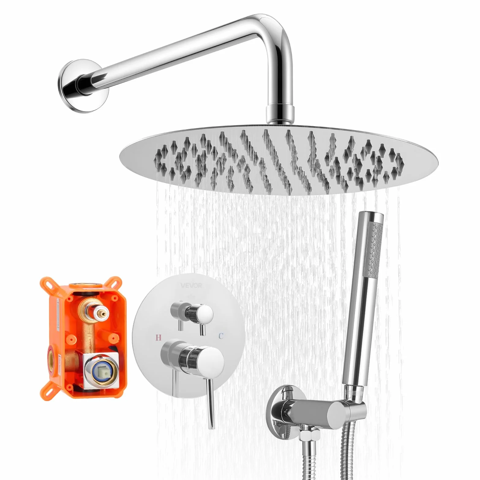 VEVOR Zestaw baterii prysznicowych, system prysznicowy z deszczownicą 10-calową (25,4 cm) okrągłą głowicą prysznicową i ręcznym sprayem, montowane na ścianie armatura łazienkowa z mosiężnym zaworem i