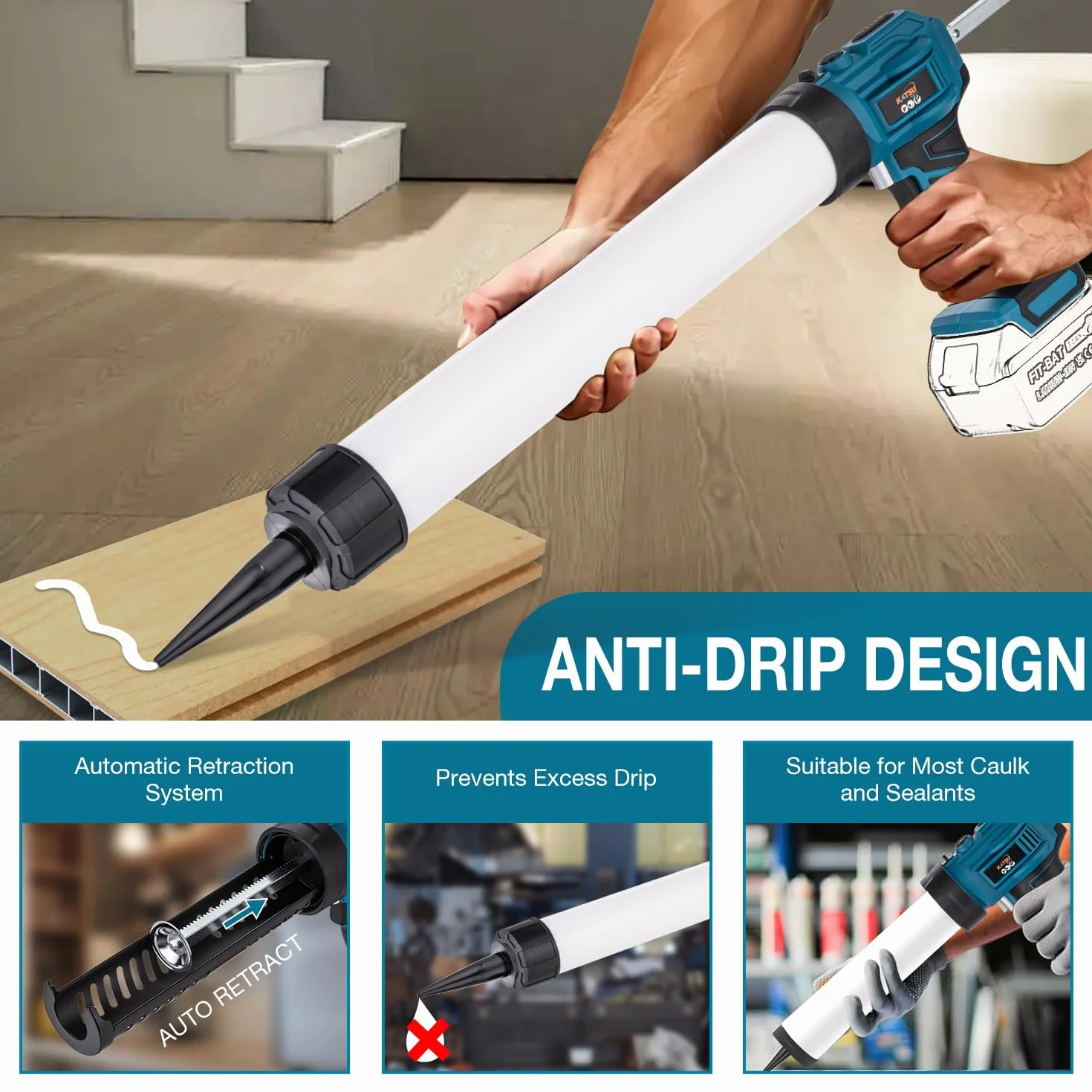 KATSU FIT-BAT bezprzewodowy pistolet uszczelniający 18 V/21 V, bez kapania, 4 regulowane prędkości, pistolet do automatycznego płynnego nakładania, bateria nie jest dołączona